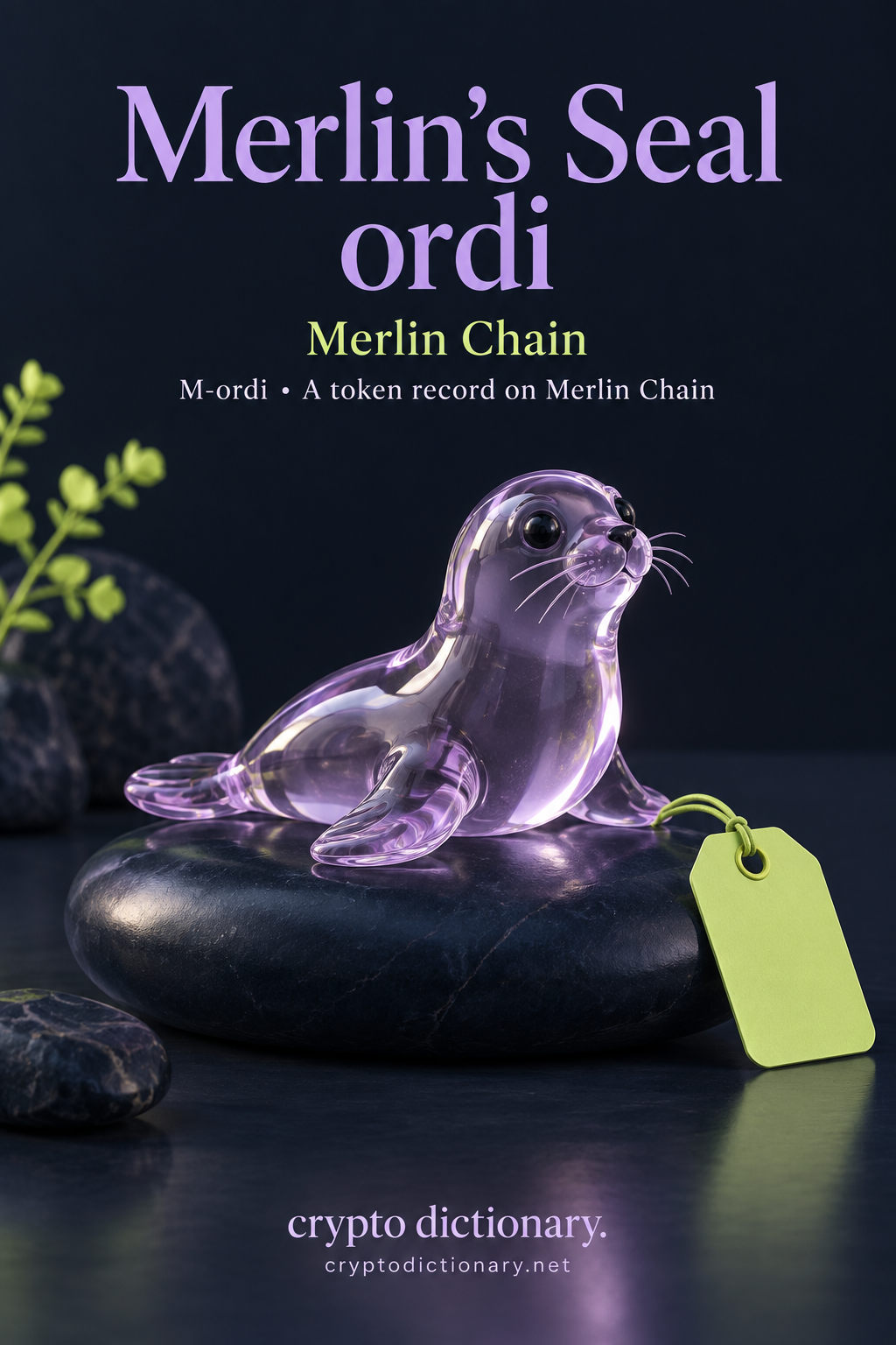 An original lilac glass seal animal illustrates the Merlin's Seal ordi token record on Merlin Chain.