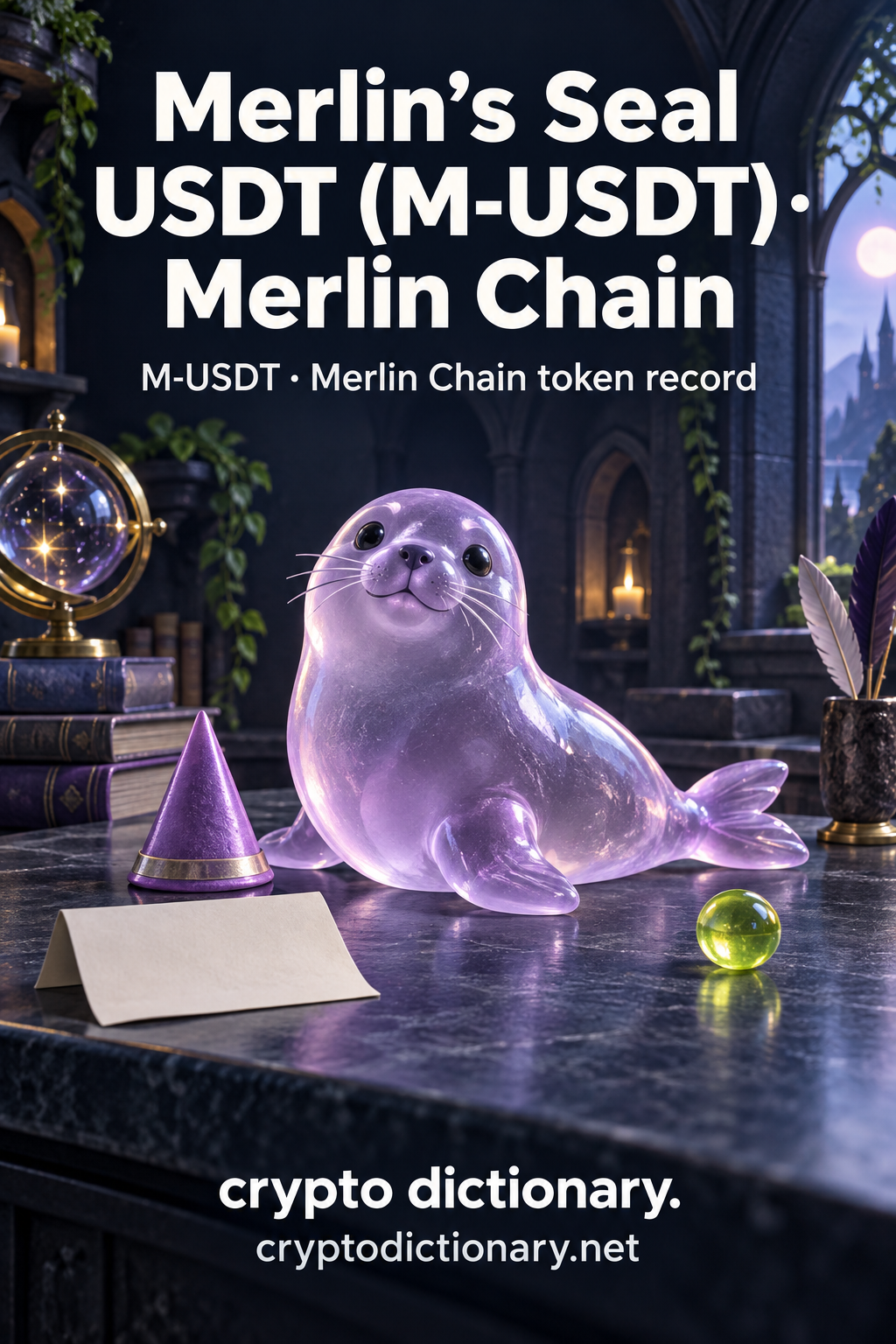 Lilac glass seal animal with a small cone hat, blank folded paper and lime marble in a navy wizard-like study; Merlin's Seal USDT (M-USDT) · Merlin Chain registry artwork.