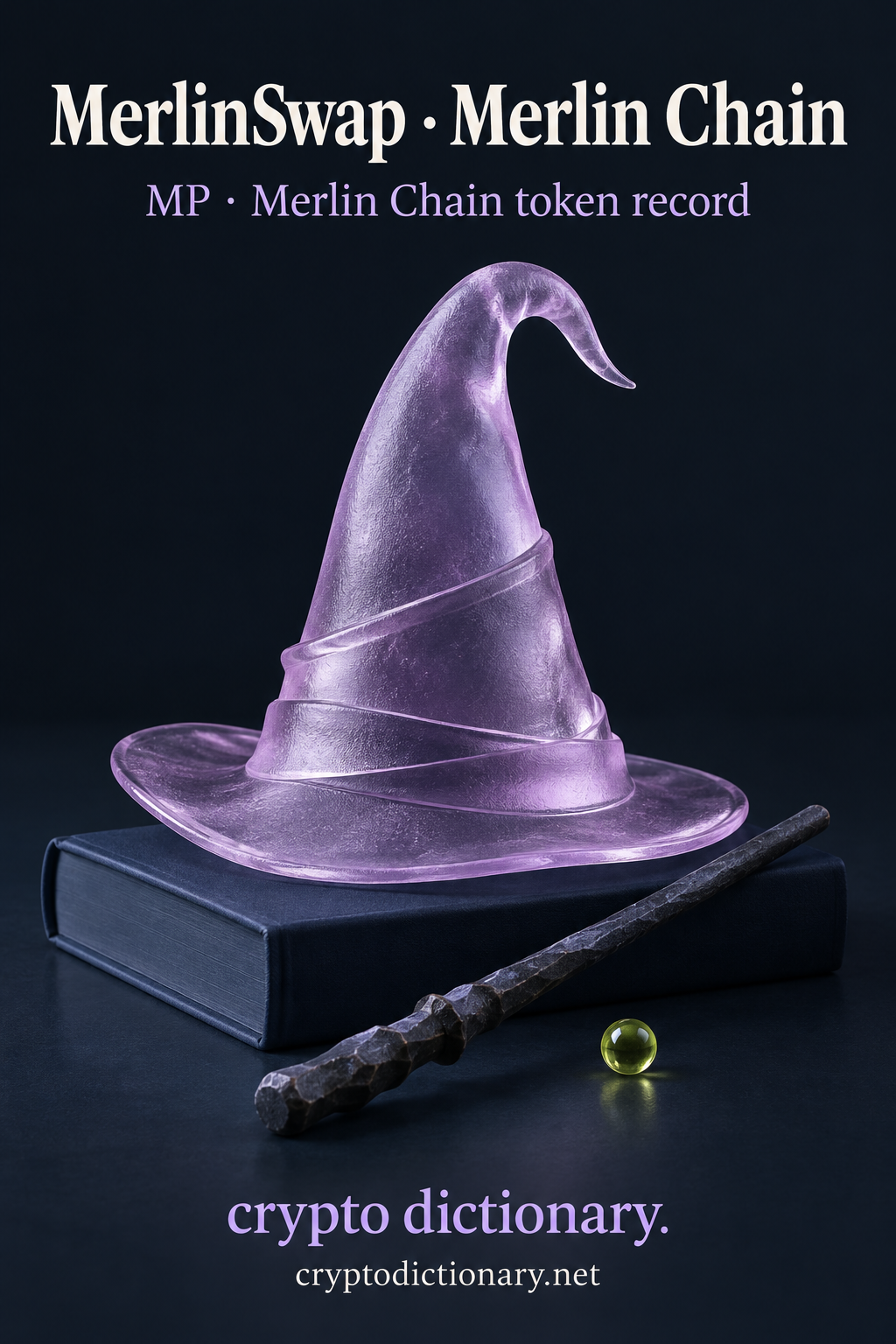 MerlinSwap · Merlin Chain above a lilac glass wizard hat on an unlettered navy book with a stone wand and lime bead; MP · Merlin Chain token record and exact Crypto Dictionary footer.