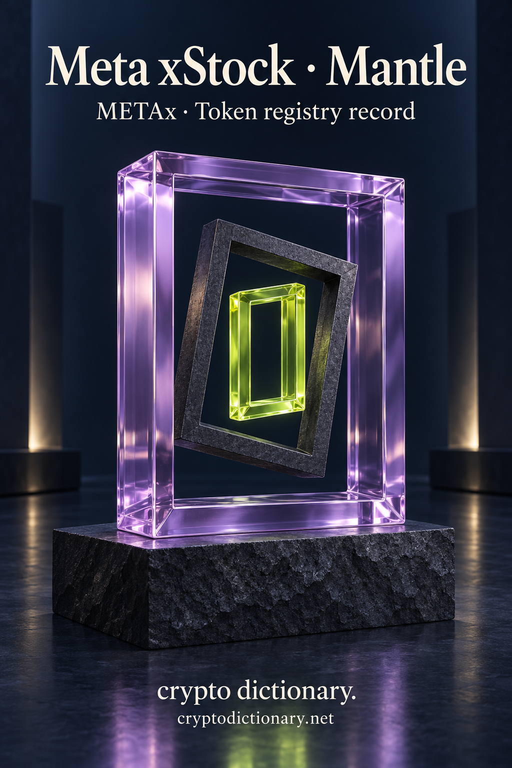 Nested lilac, charcoal and lime rectangular frames beneath Meta xStock · Mantle.