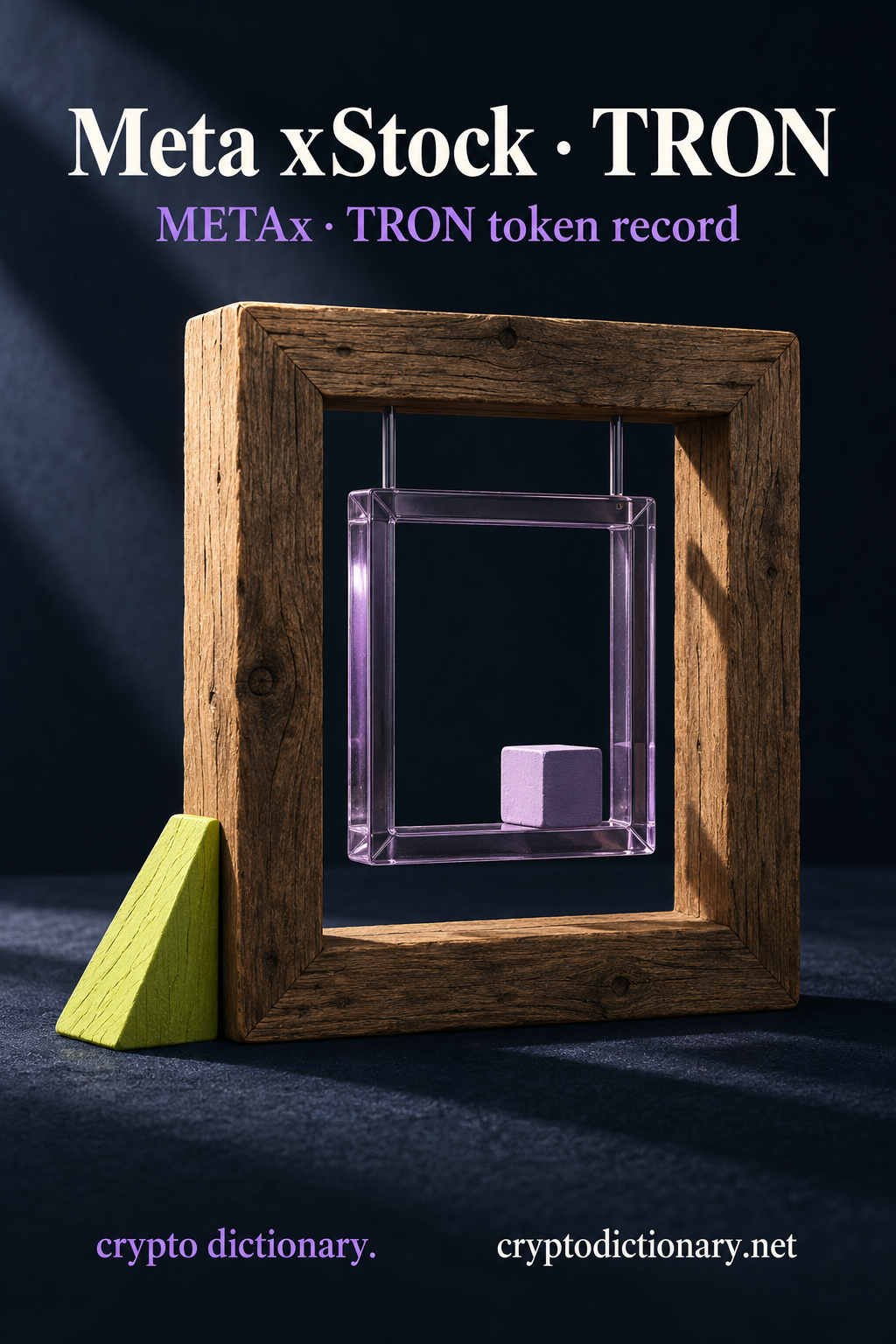 A raw timber frame contains a smaller suspended lilac glass frame and ceramic cube beside a lime wedge, under Meta xStock · TRON and METAx caption.