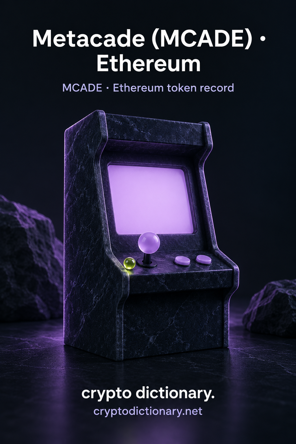 Actual original pixels inspected: exact Metacade (MCADE) · Ethereum heading preserves parentheses/case and wraps to two large crisp lines; MCADE · Ethereum token record caption exact and full brand/domain inset. Decorative navy stone arcade cabinet has completely blank lilac screen, unmarked ball control/two plain round buttons/lime bead. Name mnemonic only, no playable token game, reward, actual staking or yield service, official logo, utility/backing/authenticity claim. All props blank; exact ERC-20 source identity only binding/manifest.