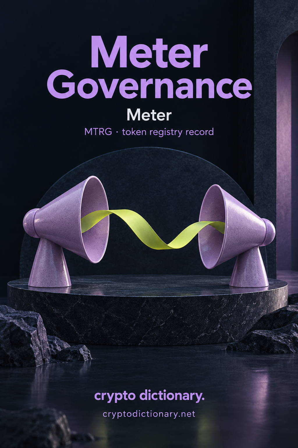 Meter Governance on Meter: two lilac speaking cones connected by lime ribbon on navy platform, illustrating the MTRG registry record.
