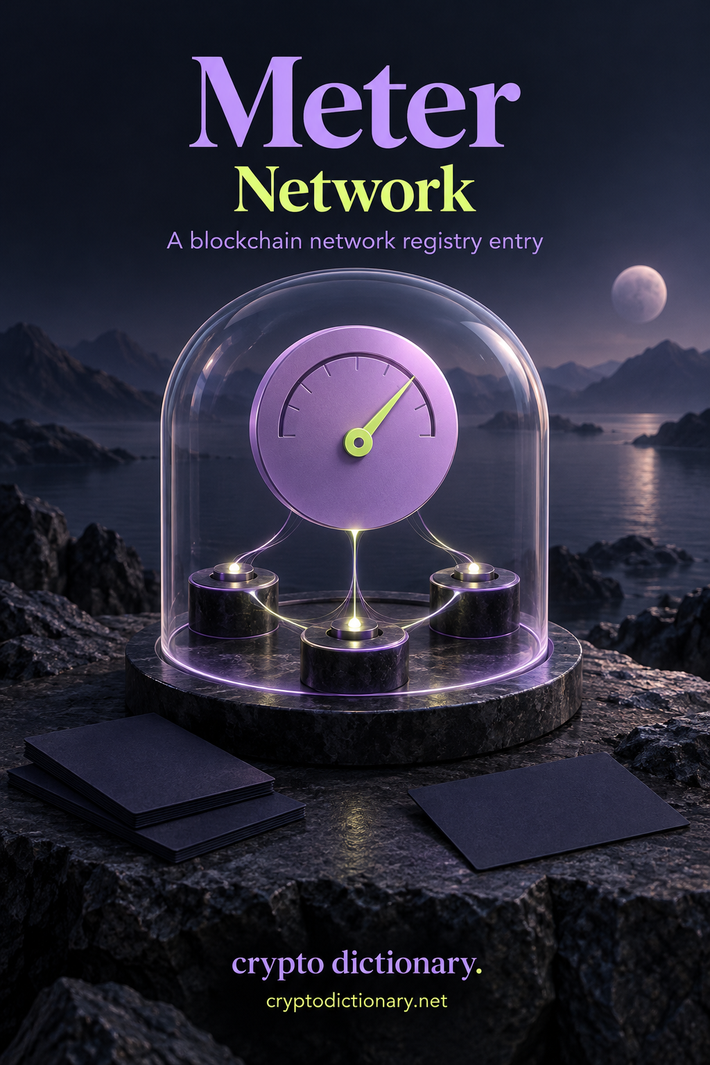 Meter network registry entry: an unnumbered lilac measuring dial above three linked circular node platforms.