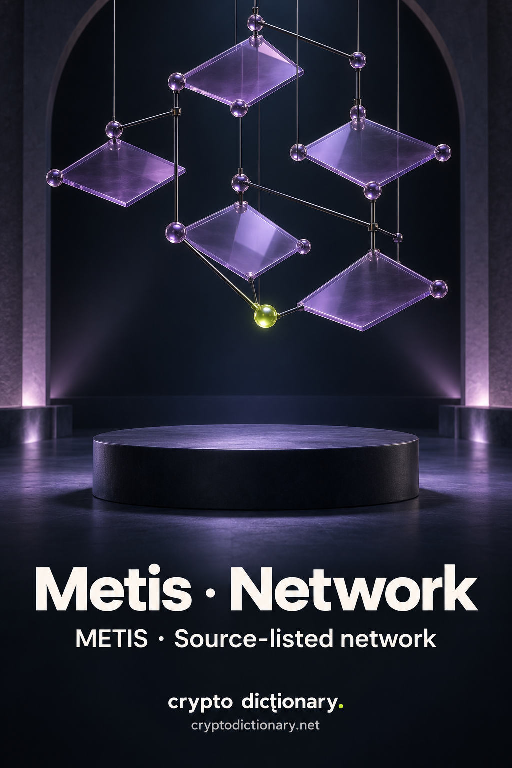 Five lilac glass rhomboid plates hang in an asymmetric mobile joined by glass nodes and rods, with one lime node.