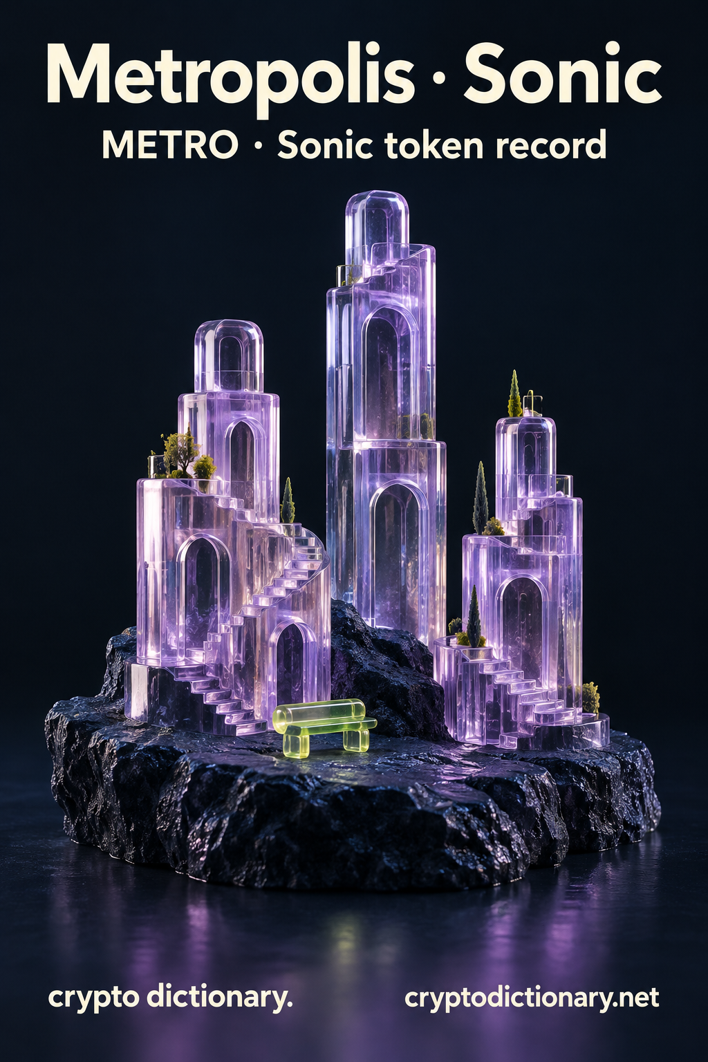 Metropolis · Sonic — original lilac glass name-inspired sculpture with accurate METRO token record caption.