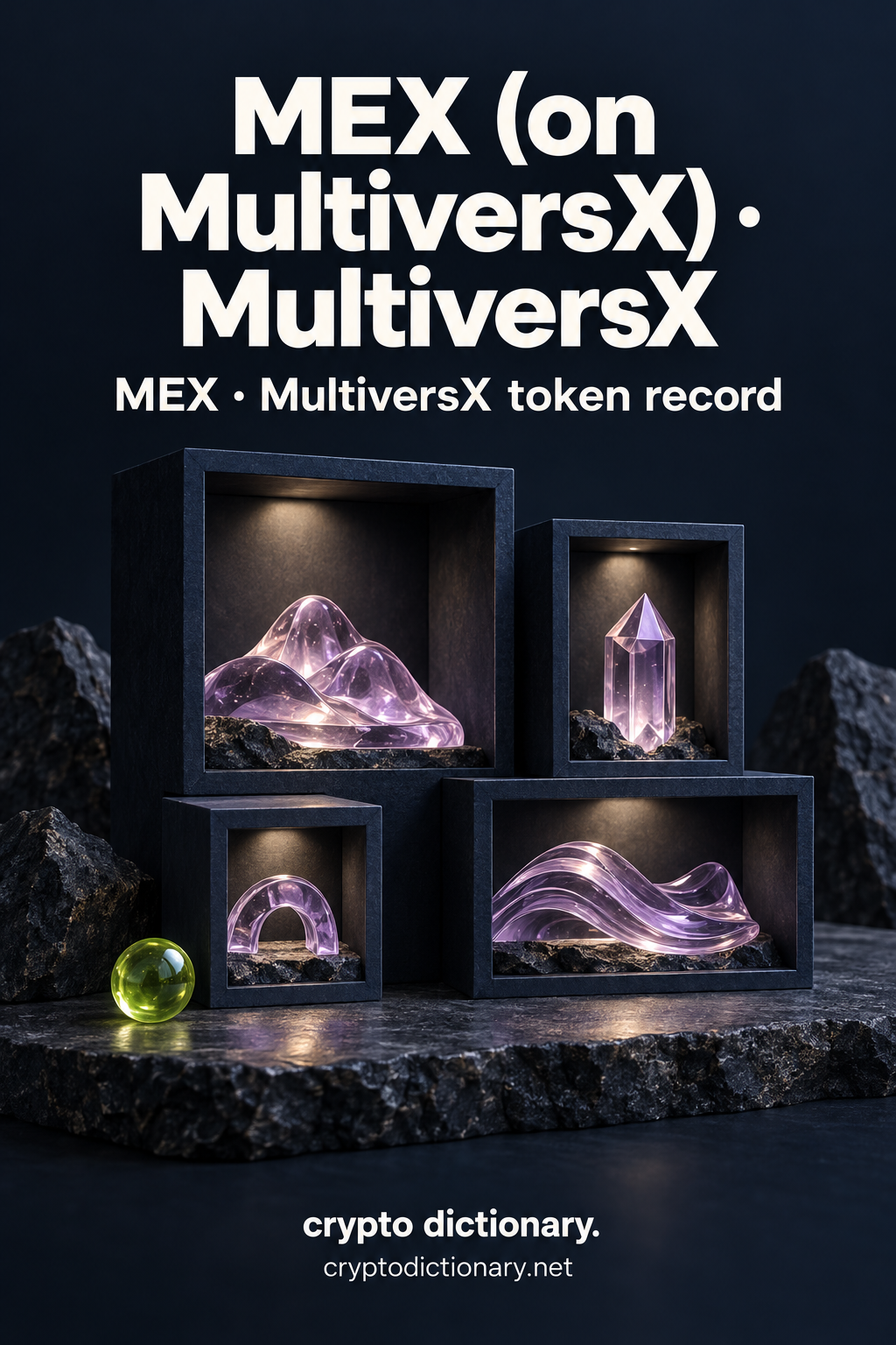 Four dark miniature display cubbies with lilac glass hill, prism, arch and wave plus a lime marble; MEX (on MultiversX) · MultiversX registry artwork.