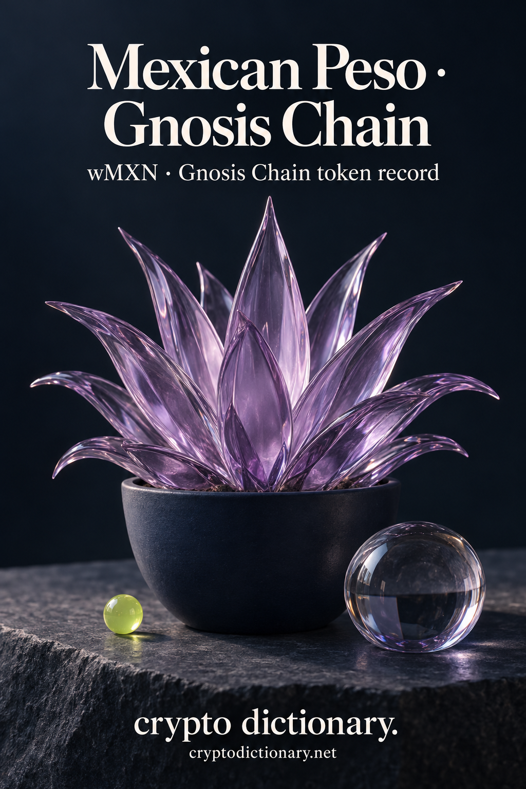 Lilac glass agave in a plain navy planter with smooth glass paperweight/lime bead under Mexican Peso · Gnosis Chain title.