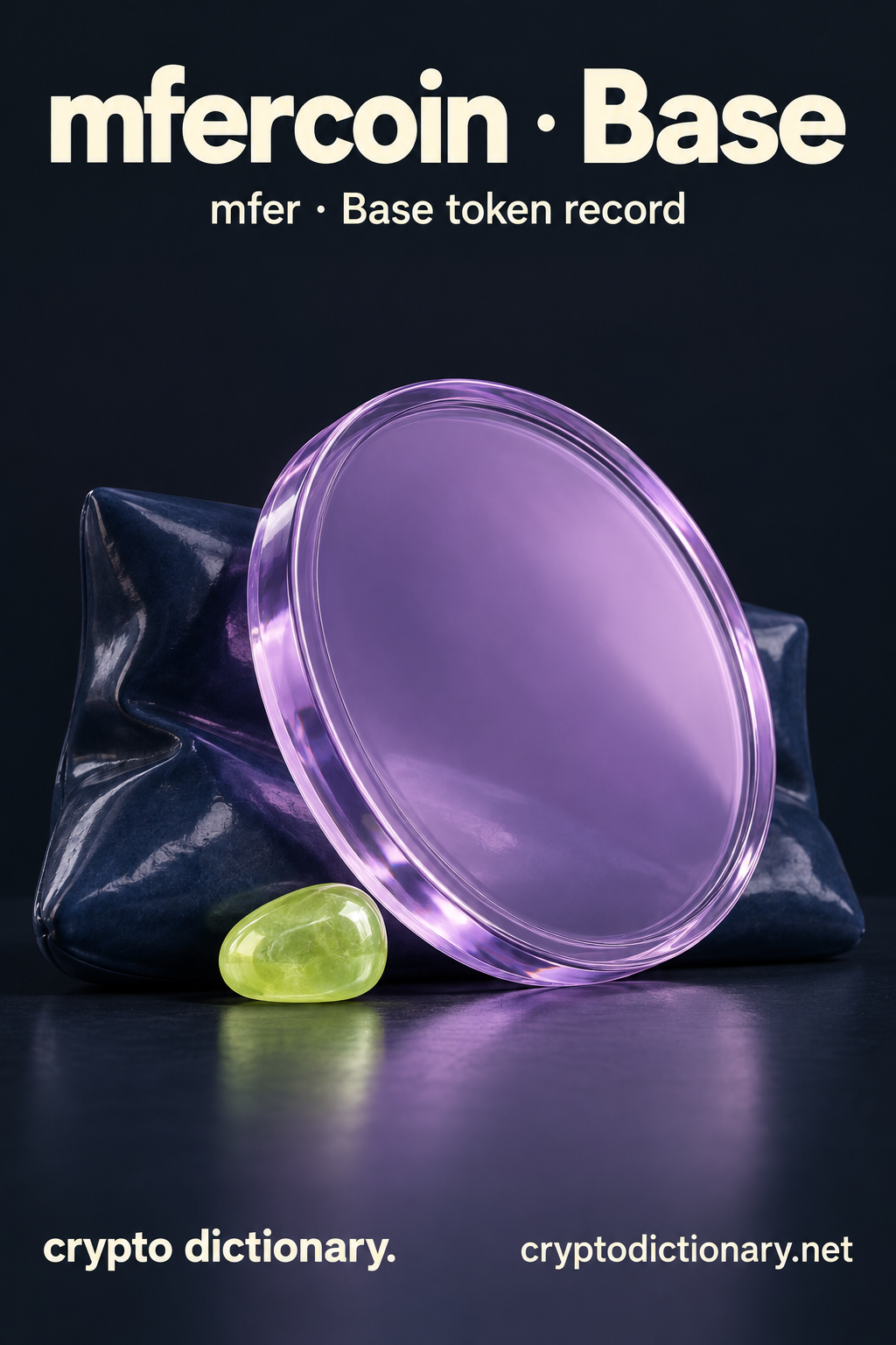 mfercoin · Base — original lilac glass name-inspired sculpture with accurate token record caption.