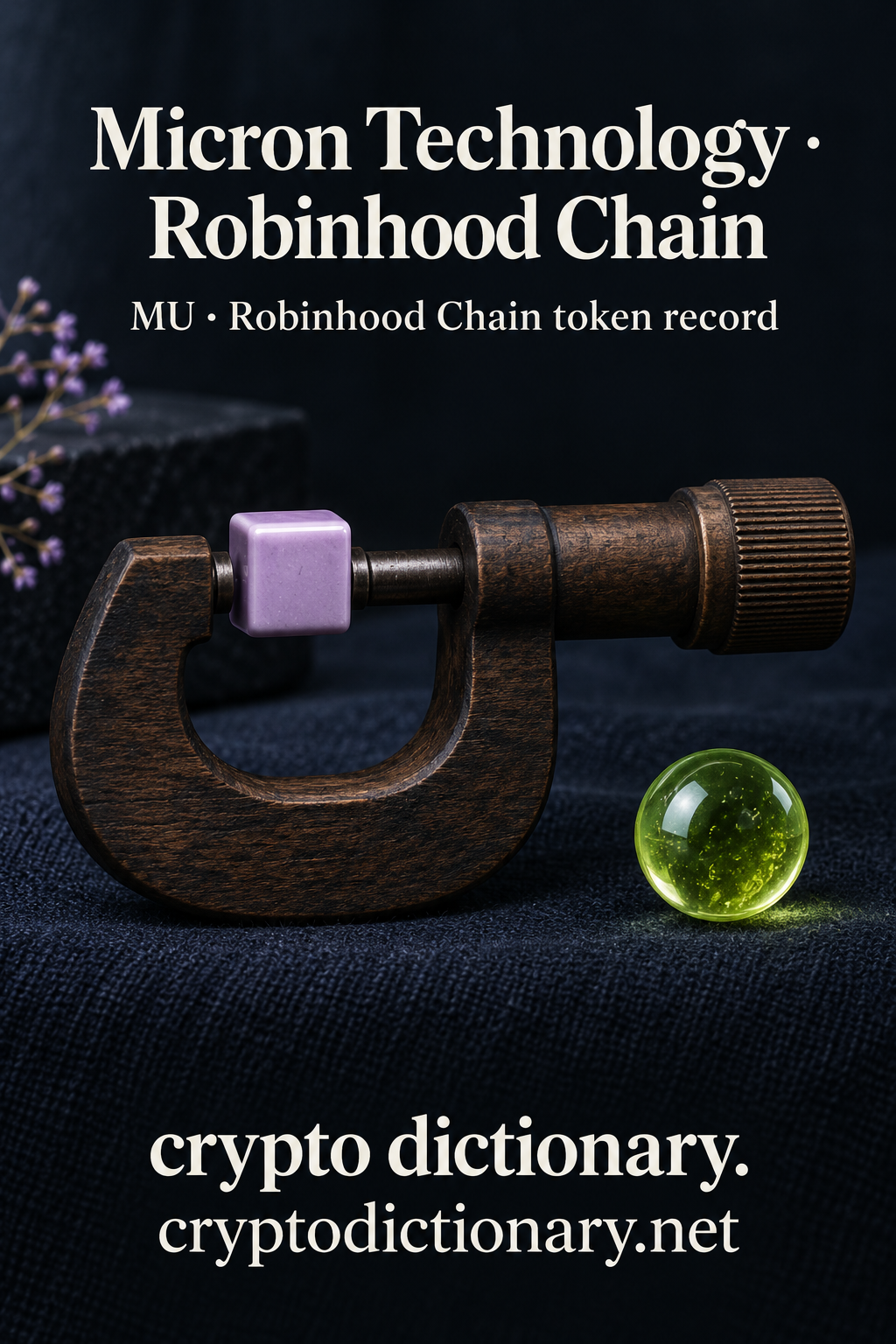Wooden micrometer-like tool holding a lilac ceramic cube for Micron Technology on Robinhood Chain with MU registry caption.