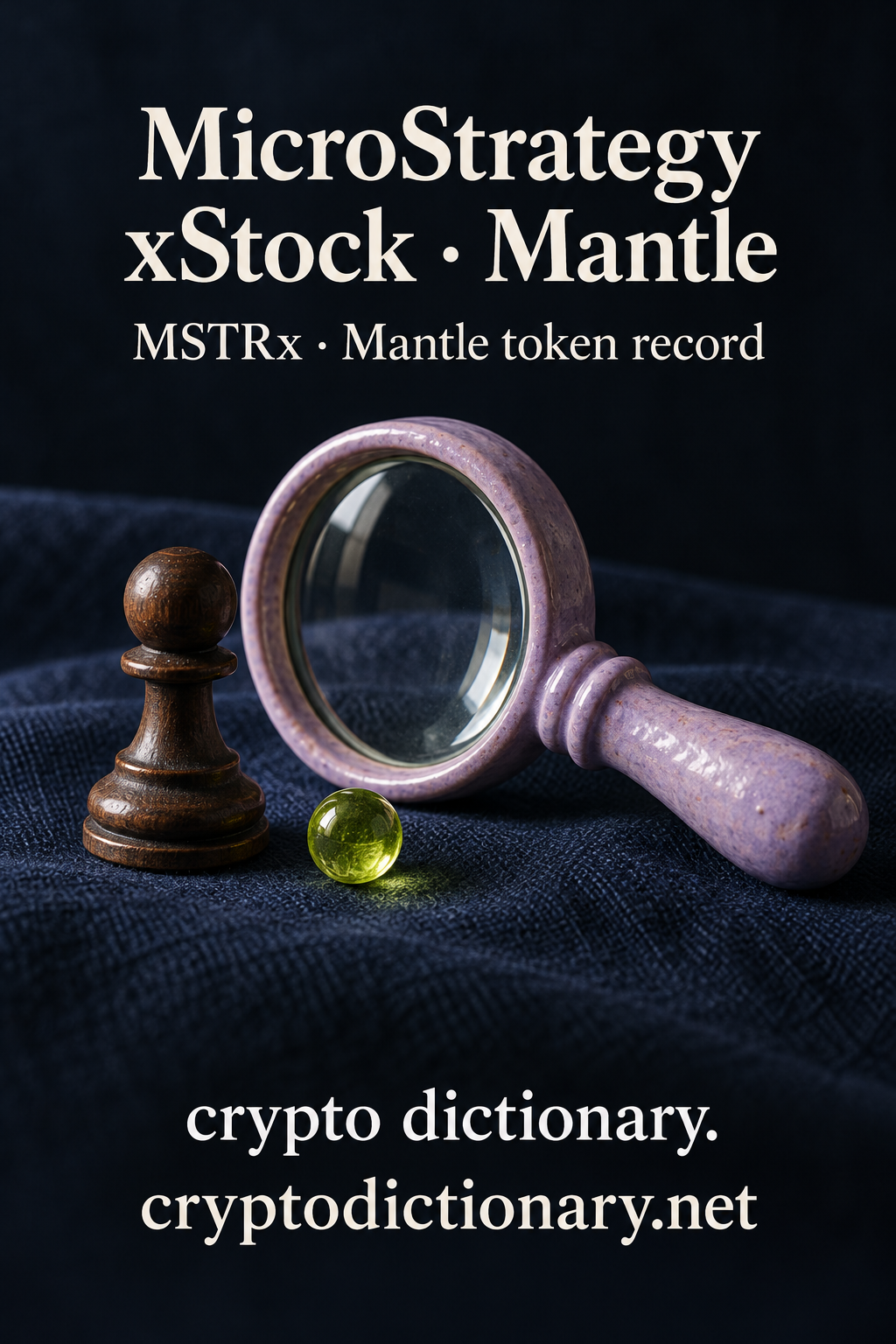 Small wooden chess pawn beside lilac magnifying glass for MicroStrategy xStock on Mantle with MSTRx registry caption.