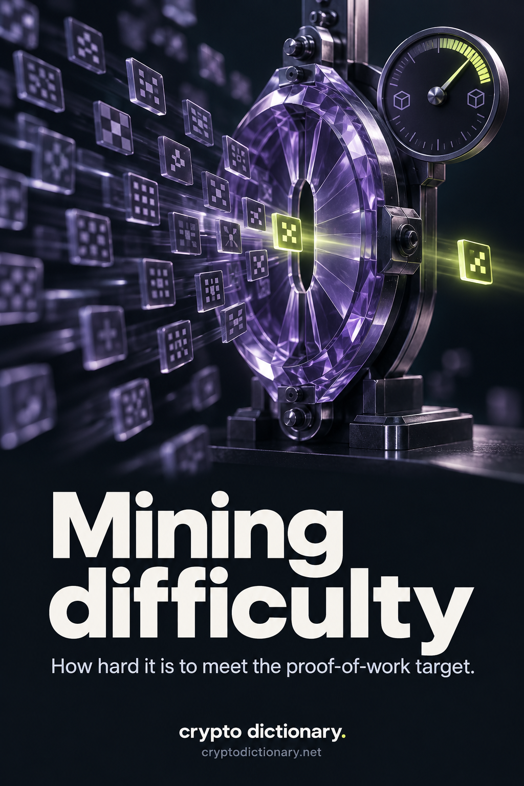 Mining difficulty: many abstract candidate-hash tiles approach a narrow adjustable target aperture, with a qualifying tile highlighted in lime.