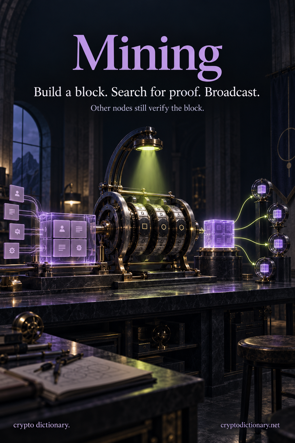 Mining: transaction tiles assemble into a candidate block, header-search dials test proof of work, and a finished block broadcasts to separate verifying nodes.