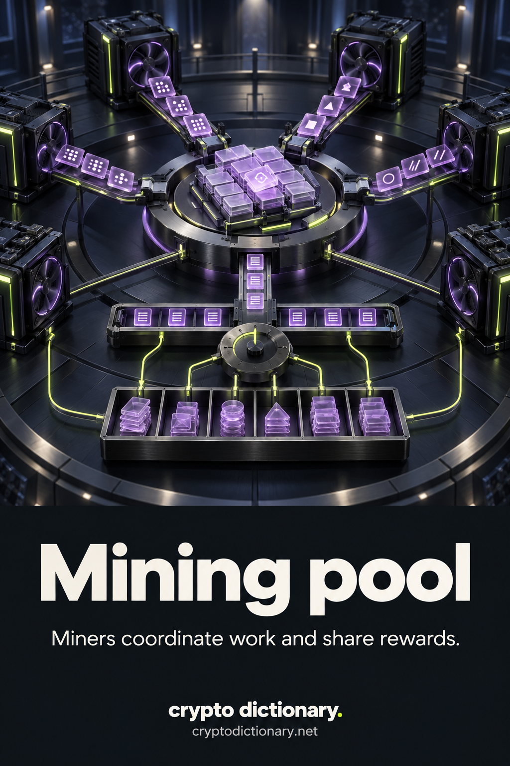 Independent mining computers route patterned work tiles and share receipts to a coordinator with an adjustable reward allocation tray.