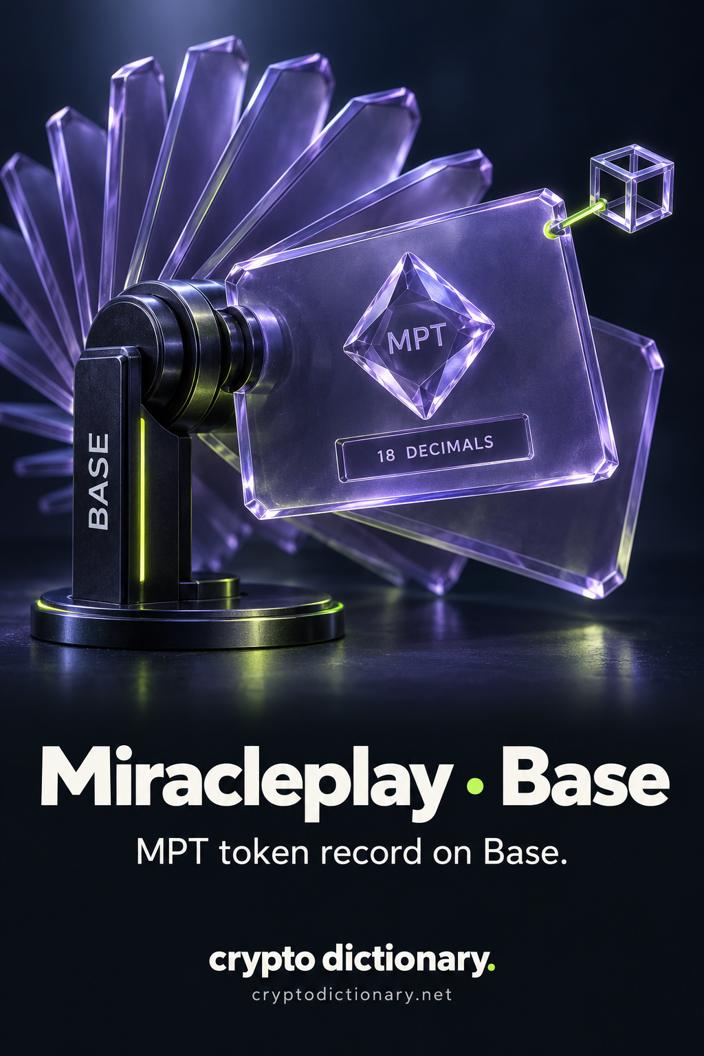 A pivoting glass registry fan selects an MPT token record with eighteen-decimal precision, a Base network spine and an anonymous contract identity tag.