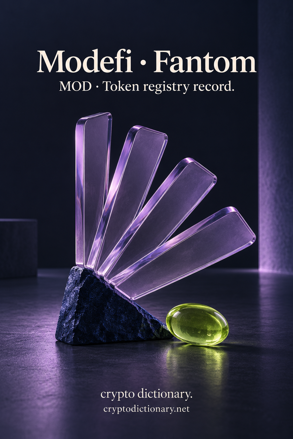 Modefi on Fantom illustrated by an original modular lilac glass fan on dark stone beside a lime oval, with neutral MOD registry caption.