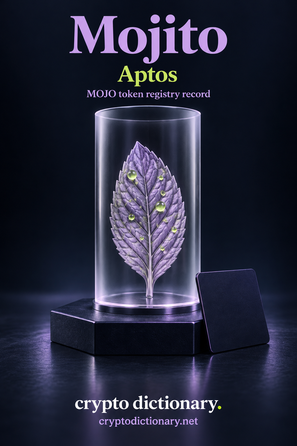 Mojito on Aptos: a lilac sculptural mint leaf in a frosted glass specimen cylinder beside a blank registry card.