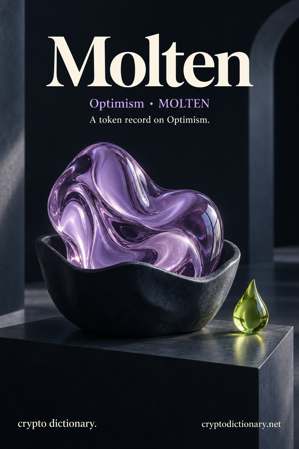 Molten registry illustration on Optimism with an original lilac glossy poured-glass sculpture settled in a navy casting bowl and a lime droplet ornament.