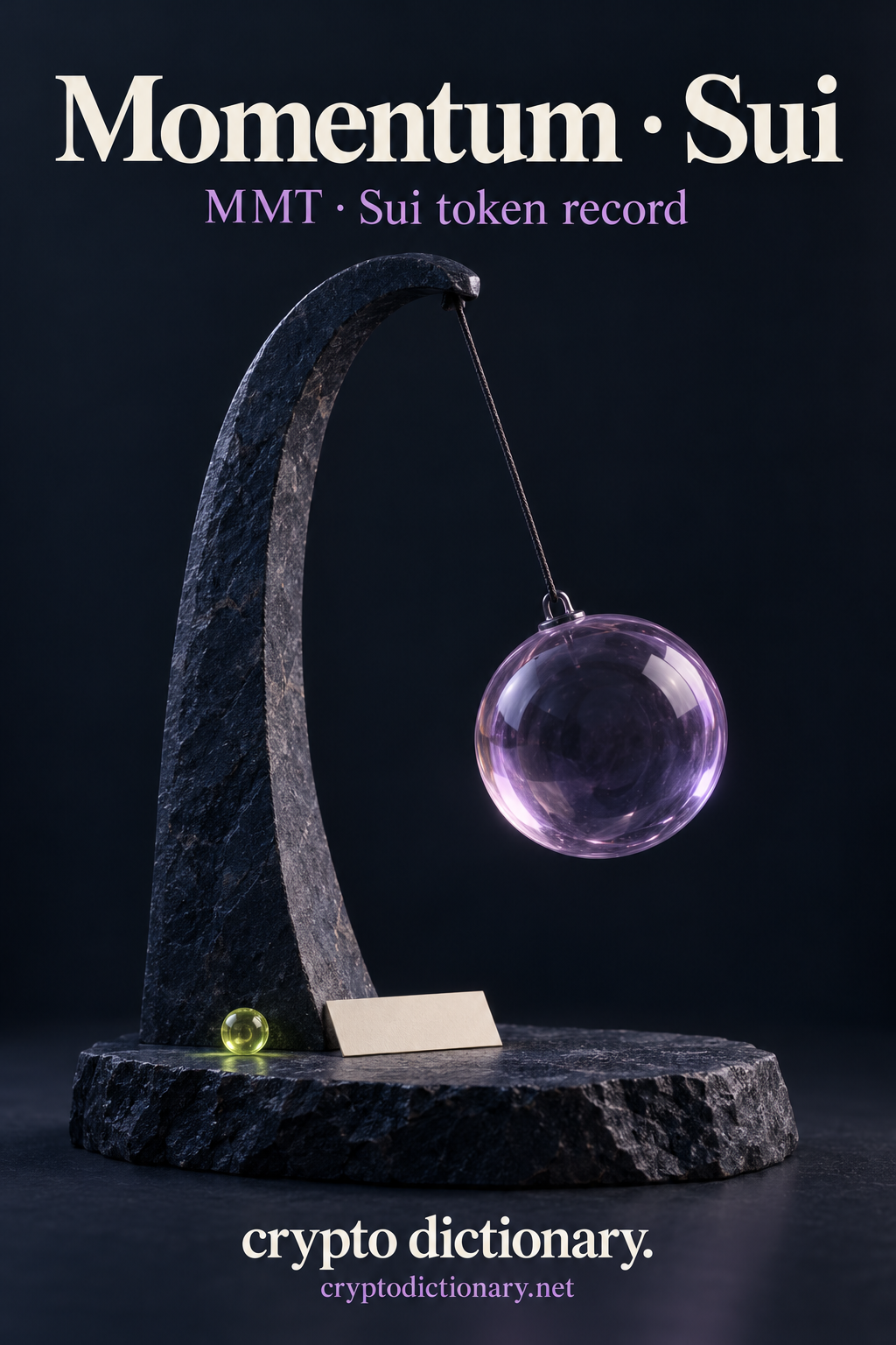 Momentum · Sui above a lilac glass pendulum suspended off-center from a curved navy stone hook, blank card and lime bead; MMT · Sui token record with Crypto Dictionary footer.