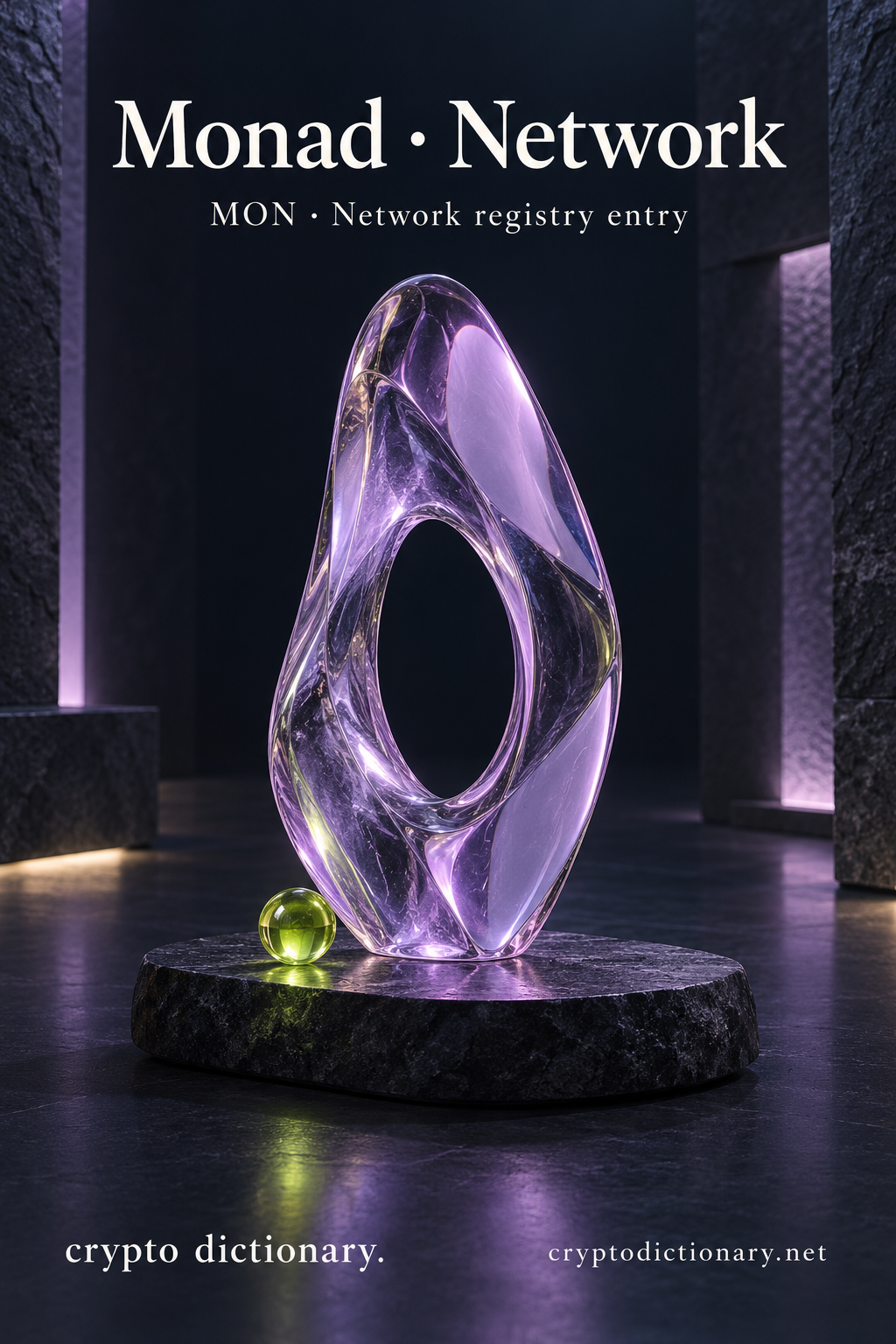 Asymmetrical hollow lilac glass monolith and lime bead beneath Monad · Network with MON network registry caption.
