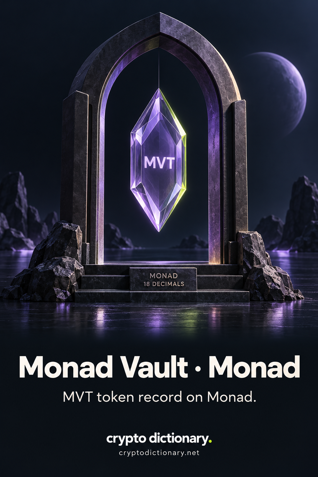 An MVT-labelled lilac specimen suspended in an open architectural arch with Monad and 18 decimals catalogue plaque.