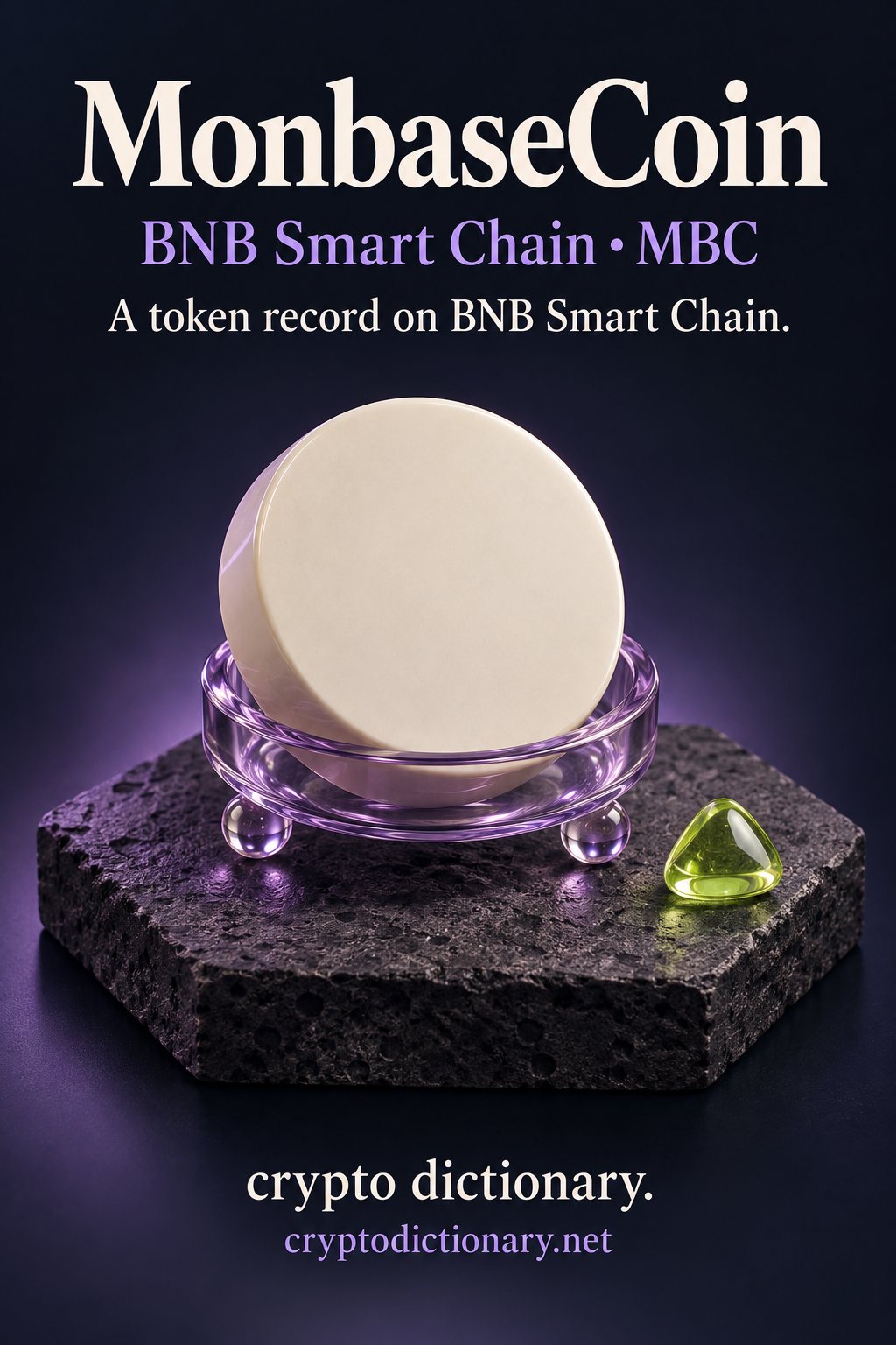 MonbaseCoin token record on BNB Smart Chain, illustrated by a blank ivory ceramic disc in a lilac glass base with a lime triangular pebble.