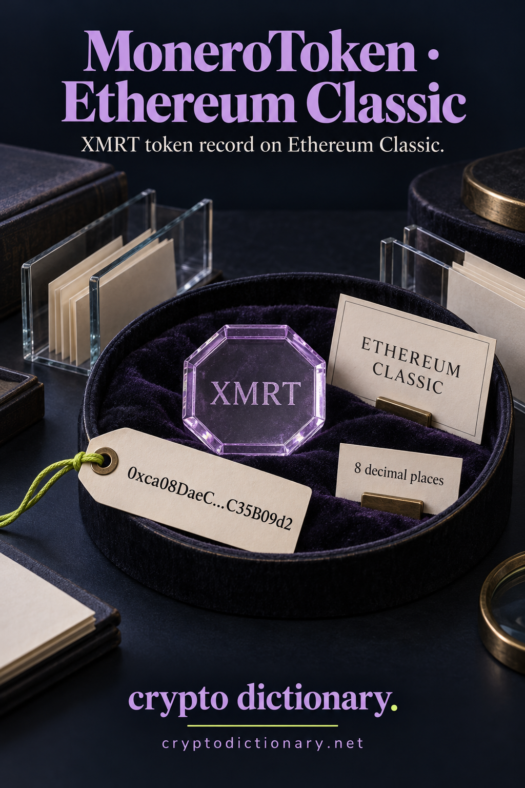 An XMRT octagonal specimen in a circular archive tray, with Ethereum Classic identity and abbreviated public contract tag.