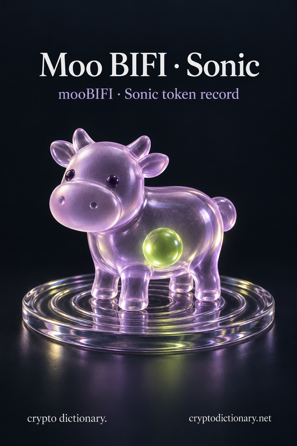 Lilac glass cow miniature containing a lime bead on a plain circular ripple tray, with Moo BIFI · Sonic title.