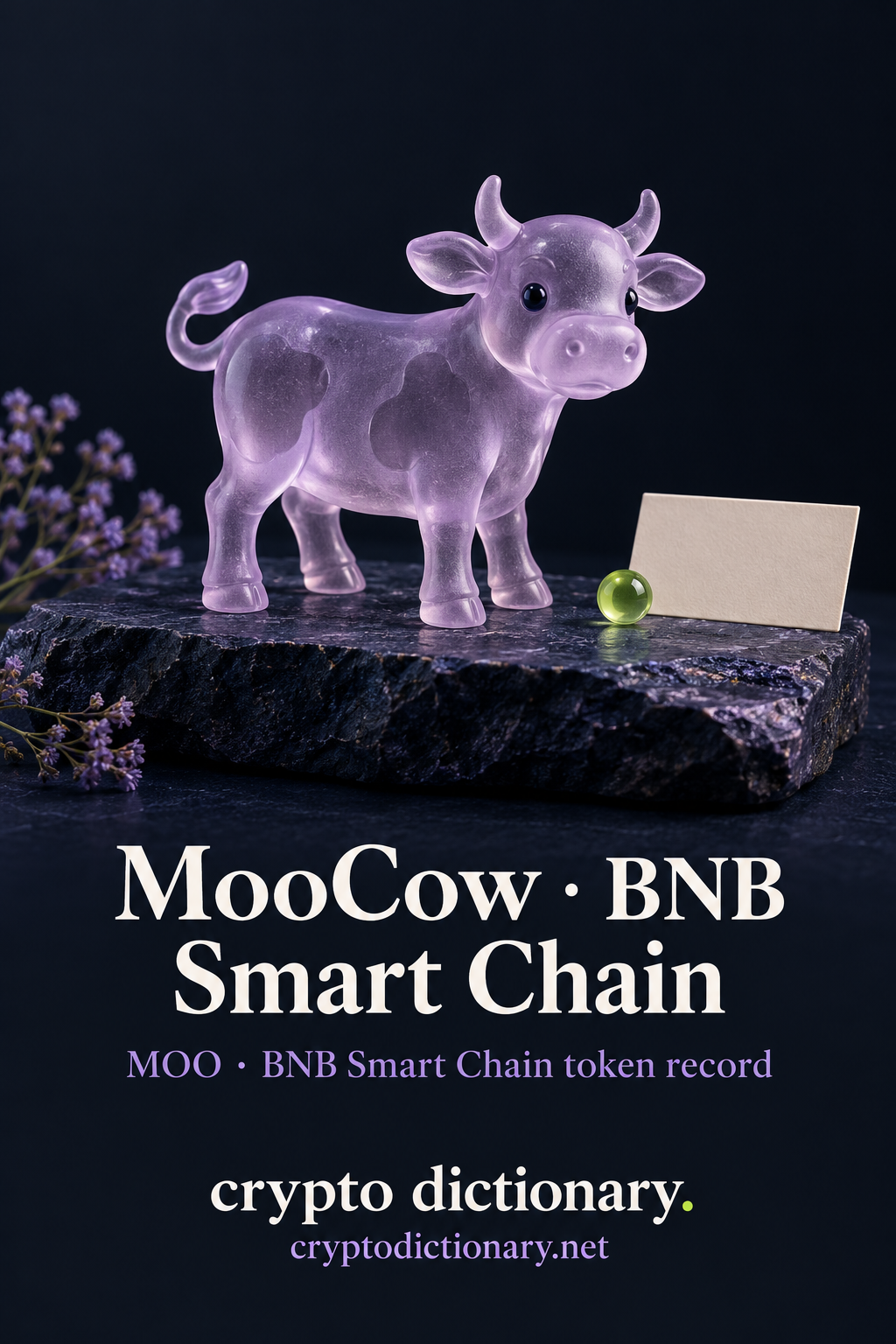 MooCow · BNB Smart Chain below a lilac glass cow figurine on navy stone with lilac flowers, blank card and lime bead; MOO · BNB Smart Chain token record and Crypto Dictionary footer.