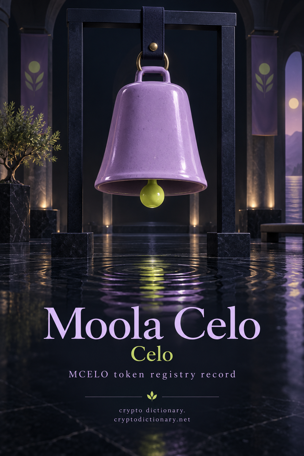 Moola Celo on Celo: a lilac ceramic cowbell with lime clapper in a navy museum display.