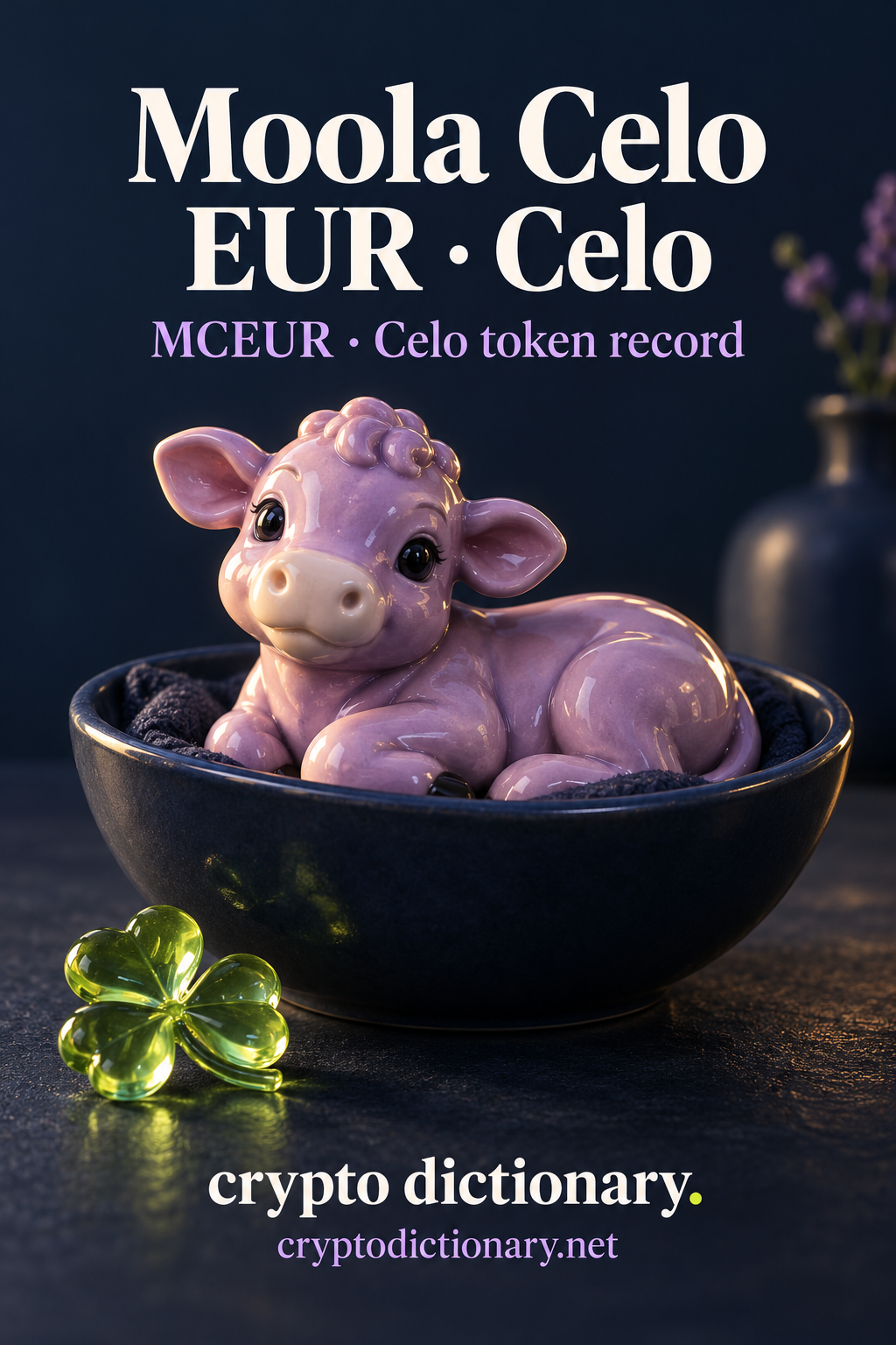 An invented glossy lilac ceramic calf reclining in a navy bowl with a lime glass clover on tabletop; Moola Celo EUR · Celo registry artwork.