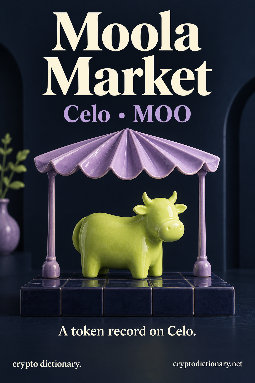 A lilac ceramic market awning shelters an abstract lime cow-shaped pebble on a navy tiled platform, beside the Moola Market Celo token identity.