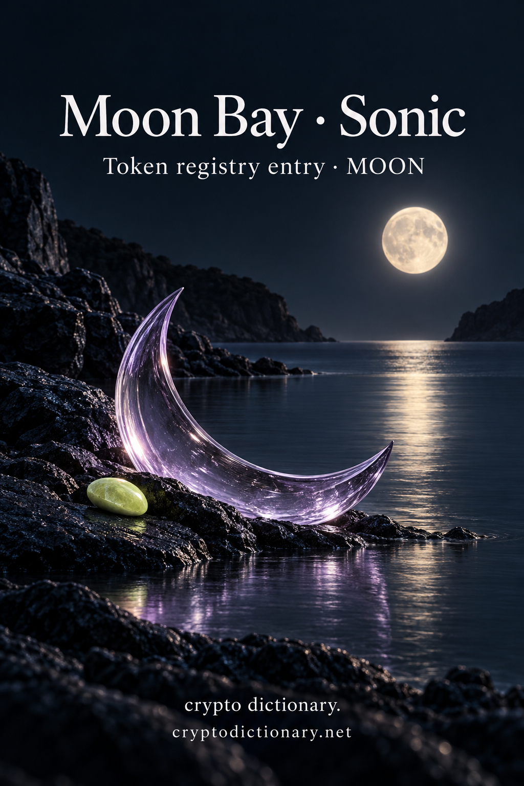Lilac glass crescent on a navy moonlit bay with a lime pebble, titled Moon Bay · Sonic.