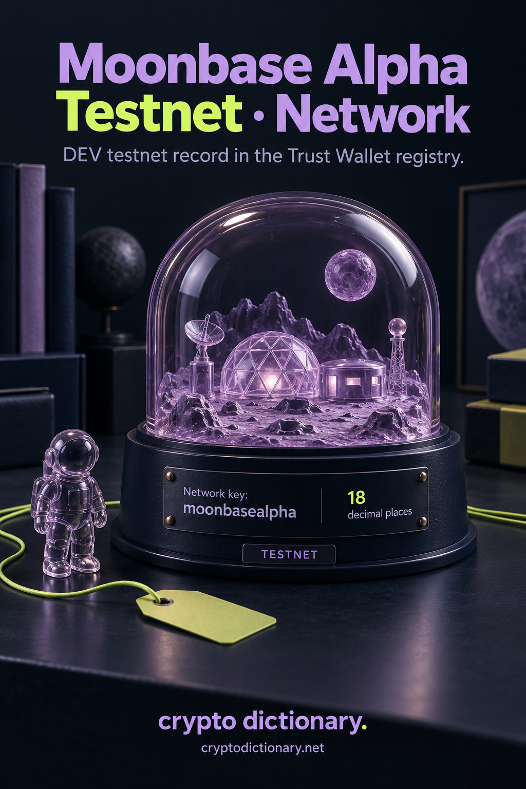 A lilac glass lunar research diorama and small toy astronaut illustrate the Moonbase Alpha Testnet DEV registry record, moonbasealpha key and18 precision.
