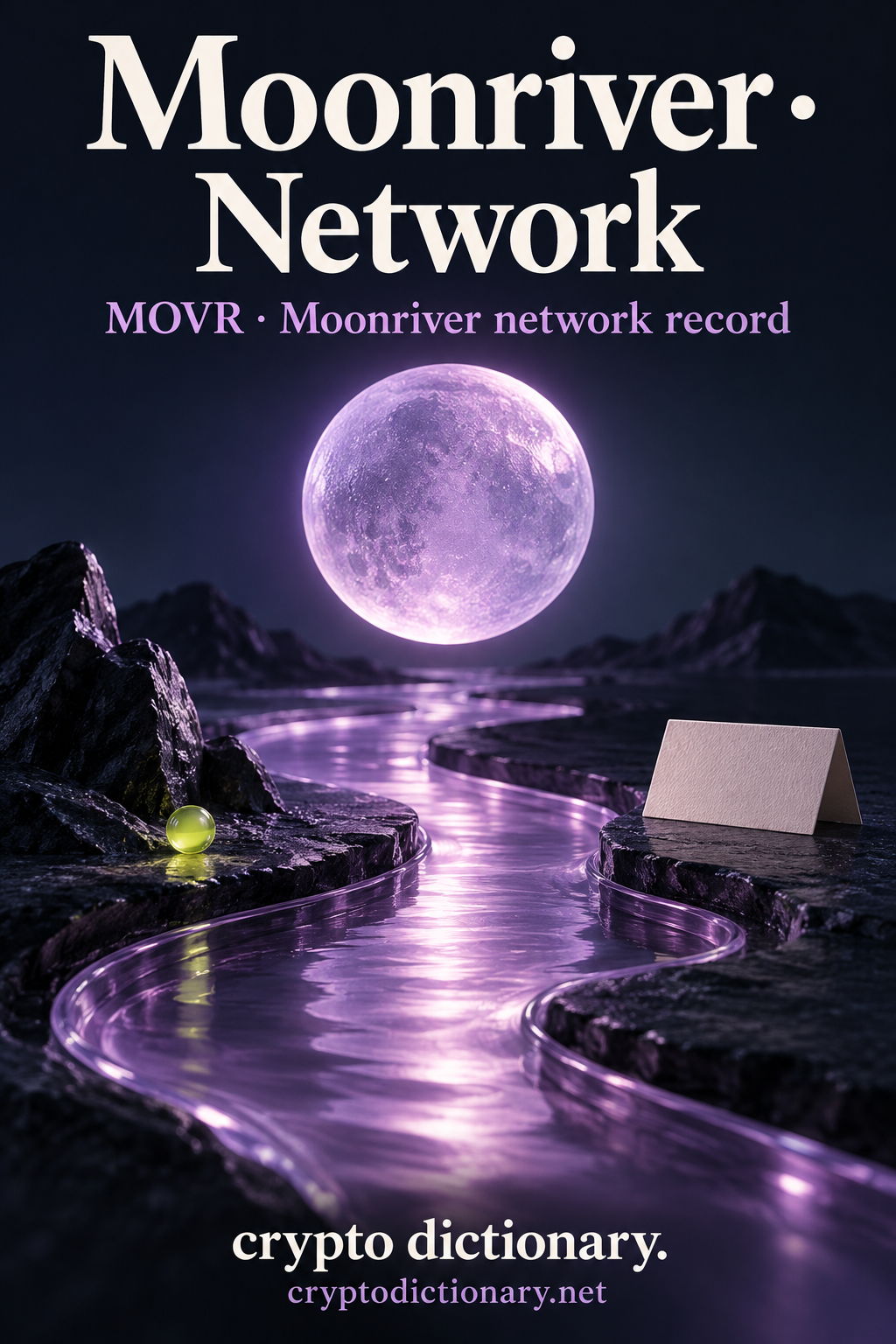 Lilac moon above a winding glass river and blank archival card beneath Moonriver · Network typography.