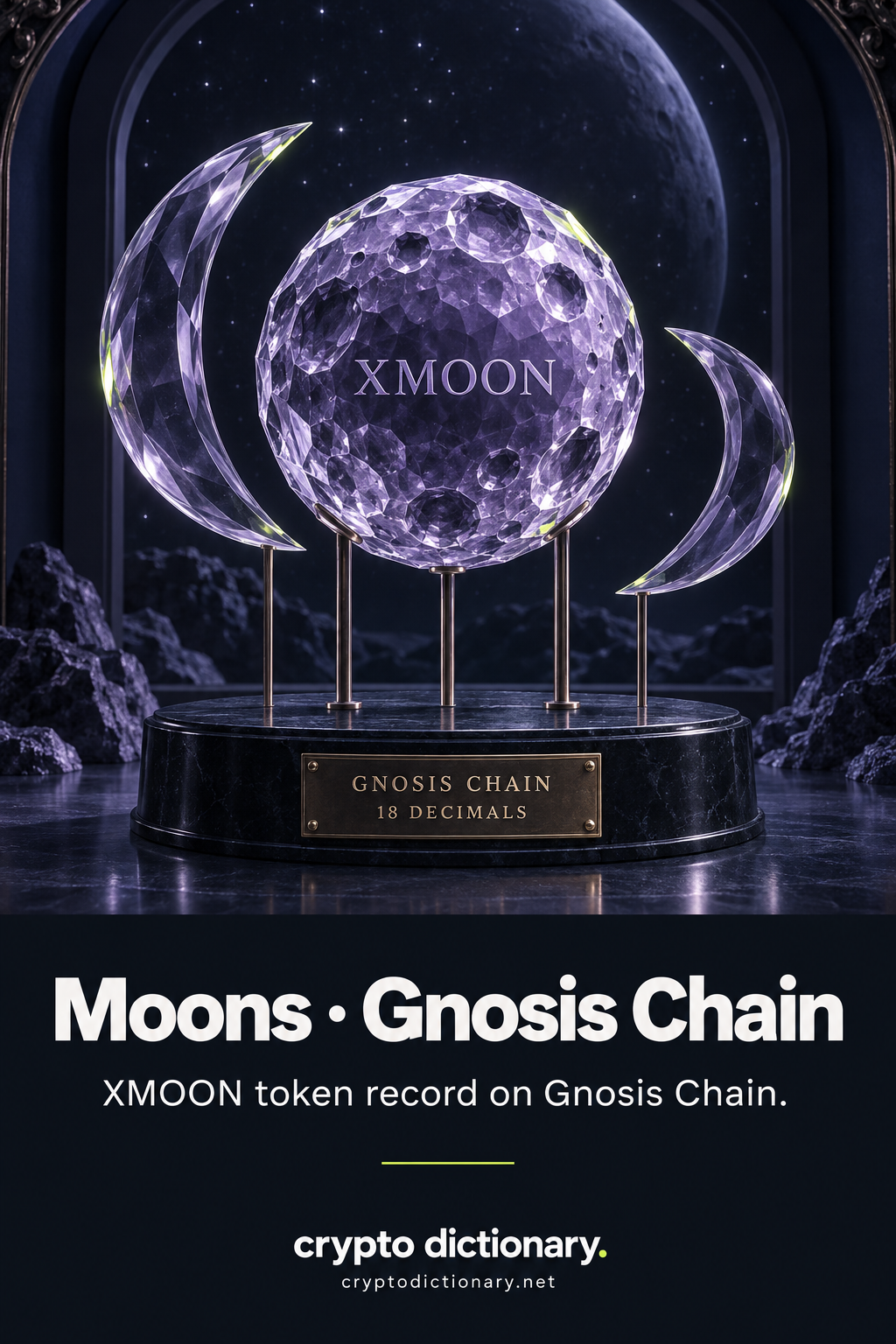 A faceted XMOON lunar specimen with two decorative glass crescents above a Gnosis Chain and 18 decimals catalogue plaque.