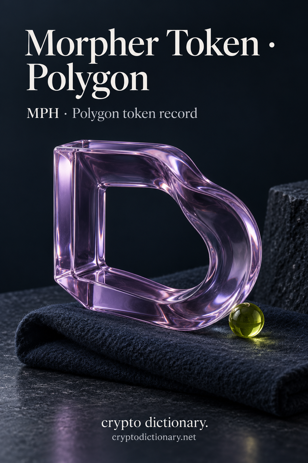 Actual original pixels inspected: exact Morpher Token · Polygon heading across two large readable lines, MPH · Polygon token record caption correct; full brand/domain inset and clear. One lilac glass loop has squared left and fluid round right silhouette on folded plain navy felt with lime bead, a static shape/name mnemonic without arrows, token transformation/function, official logo, yield, authenticity or backing assertion. No marked props or extra text. Exact Polygon contract and source identity held only in binding/manifest.