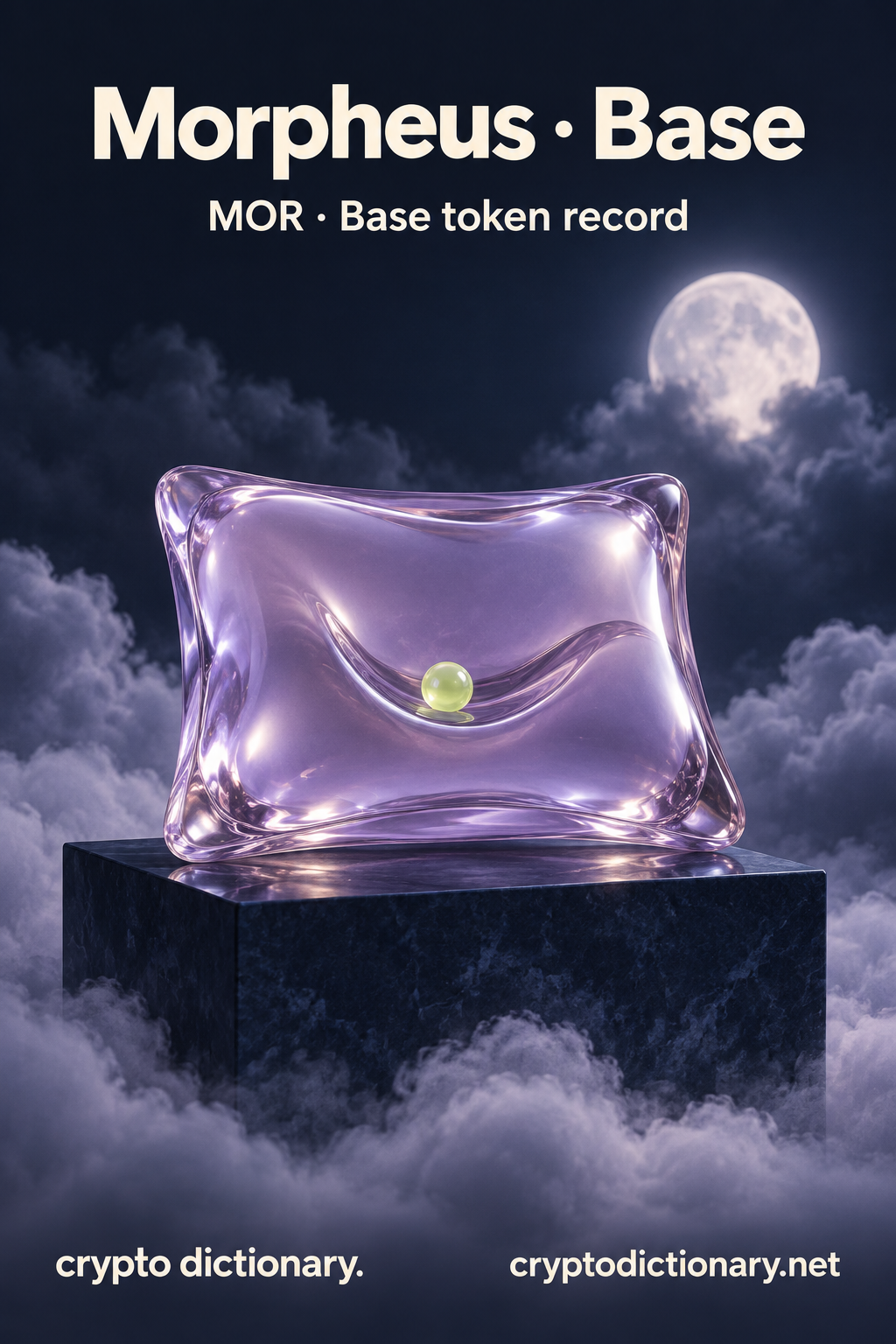 Morpheus · Base — original lilac glass name-inspired sculpture with accurate token record caption.