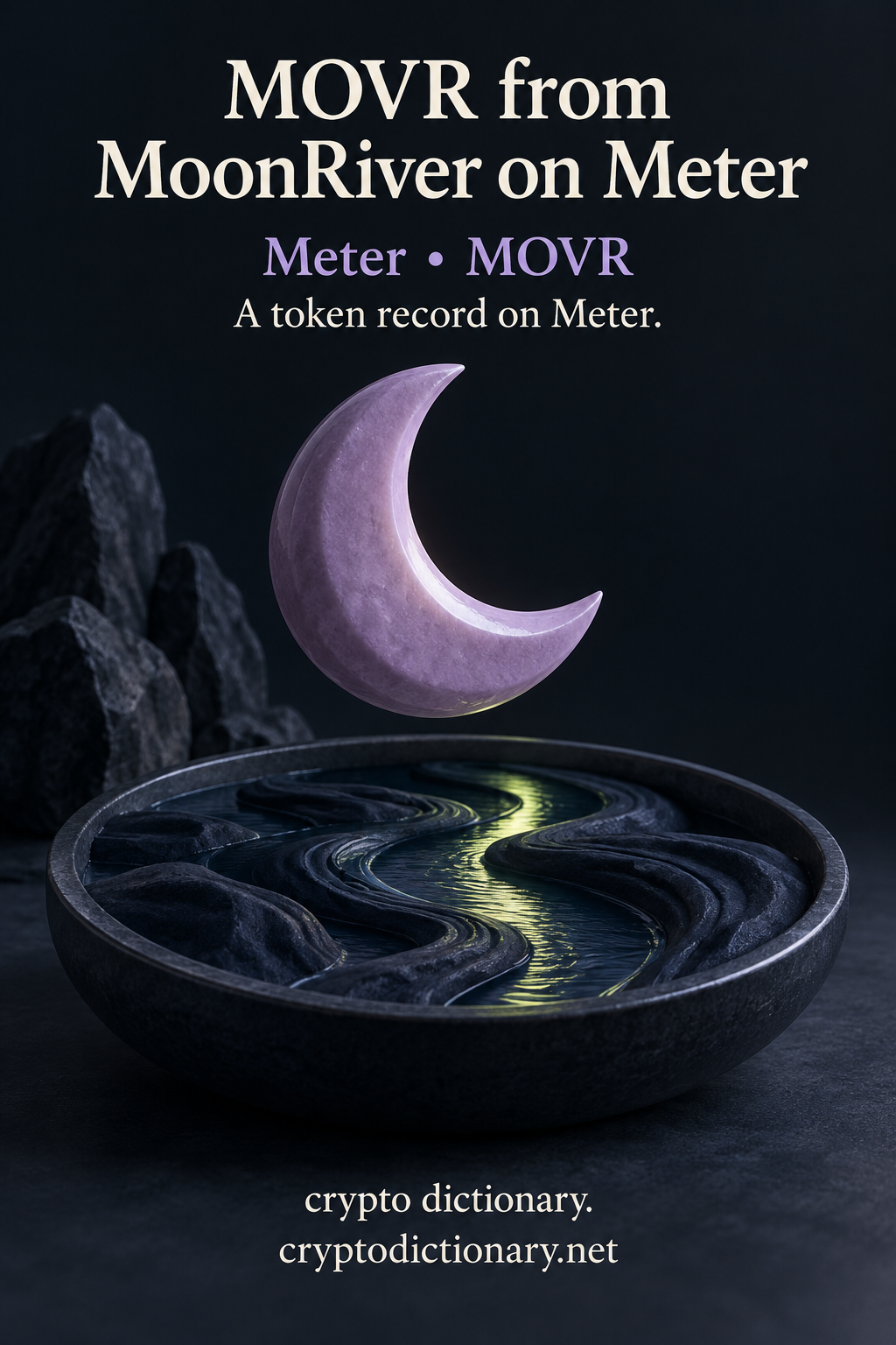 MOVR from MoonRiver on Meter registry poster with a lilac ceramic crescent over a navy flowing river relief and lime reflected light.