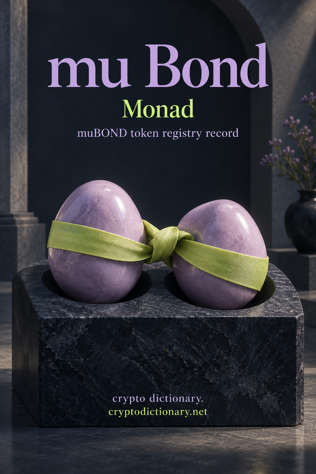 mu Bond on Monad: two lilac ceramic pebbles tied with a lime ribbon.