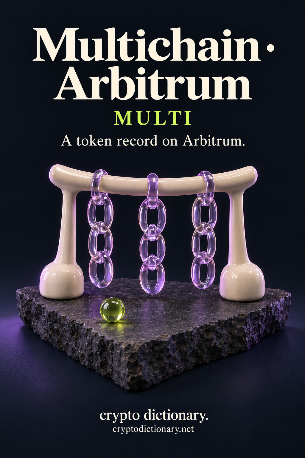 Multichain token record on Arbitrum, illustrated by three independent lilac glass chain strands hanging from a blank ivory ceramic display rail.