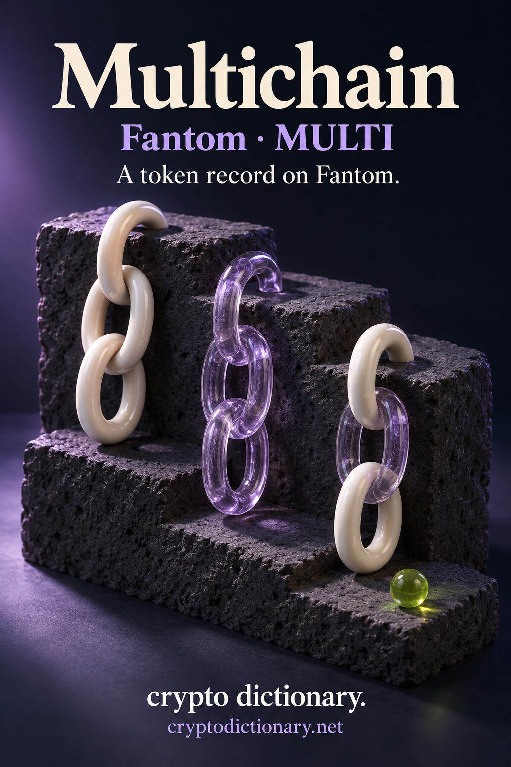 Multichain token record on Fantom, illustrated by three separate ivory and lilac glass decorative link strands on basalt steps.
