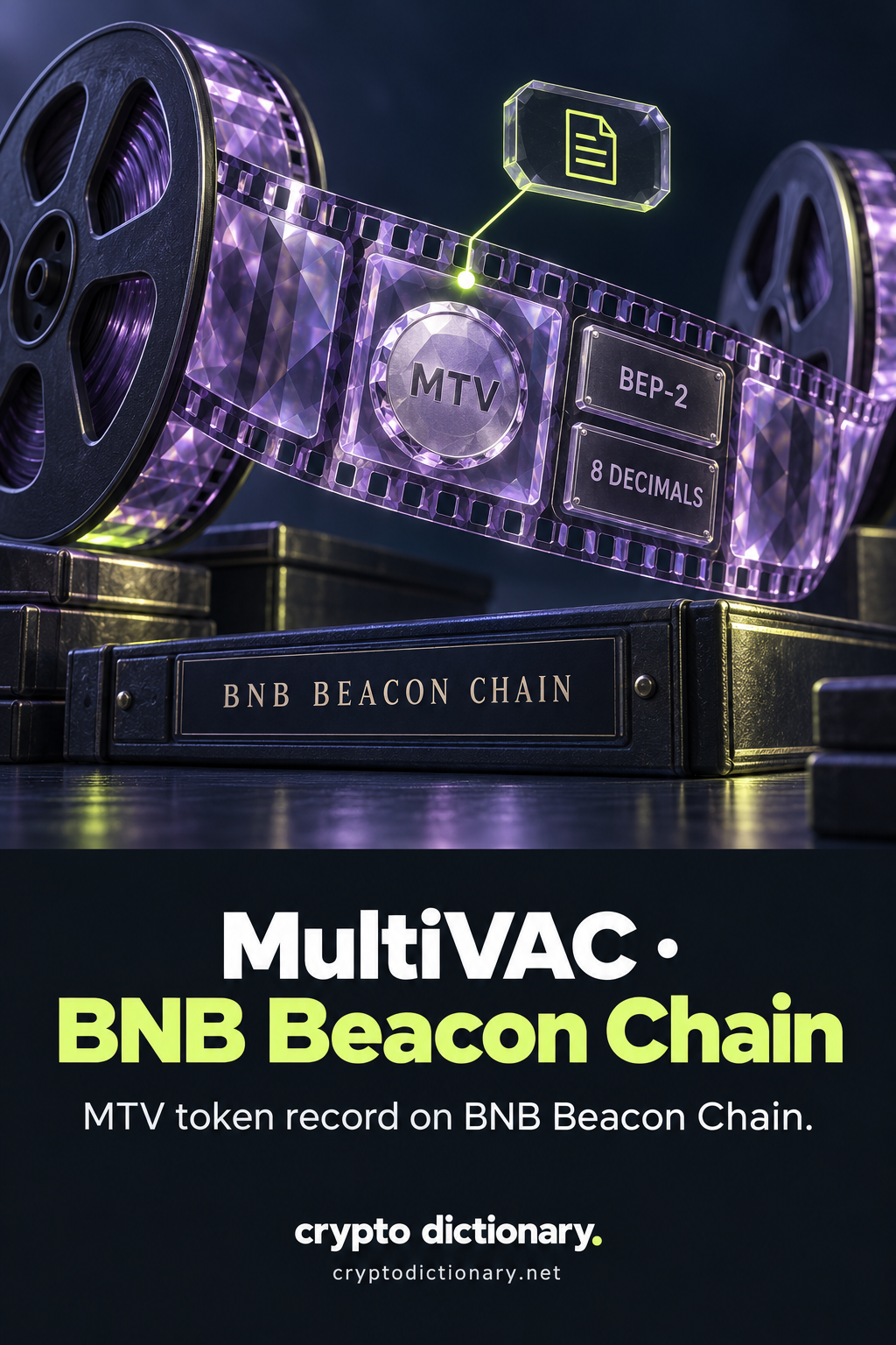 An archival glass microfilm frame identifies MTV with BEP-2 format and eight-decimal precision on a BNB Beacon Chain registry spine.