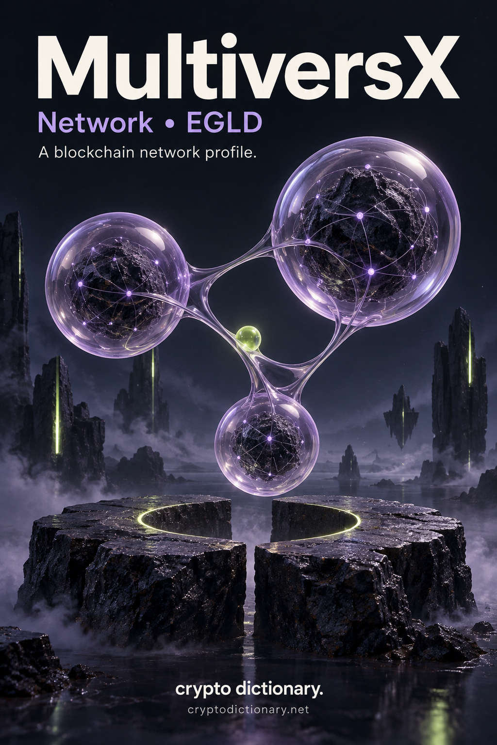 Three lilac glass spheres with abstract inner meshes connect above a split basalt platform, labeled MultiversX, Network and EGLD.