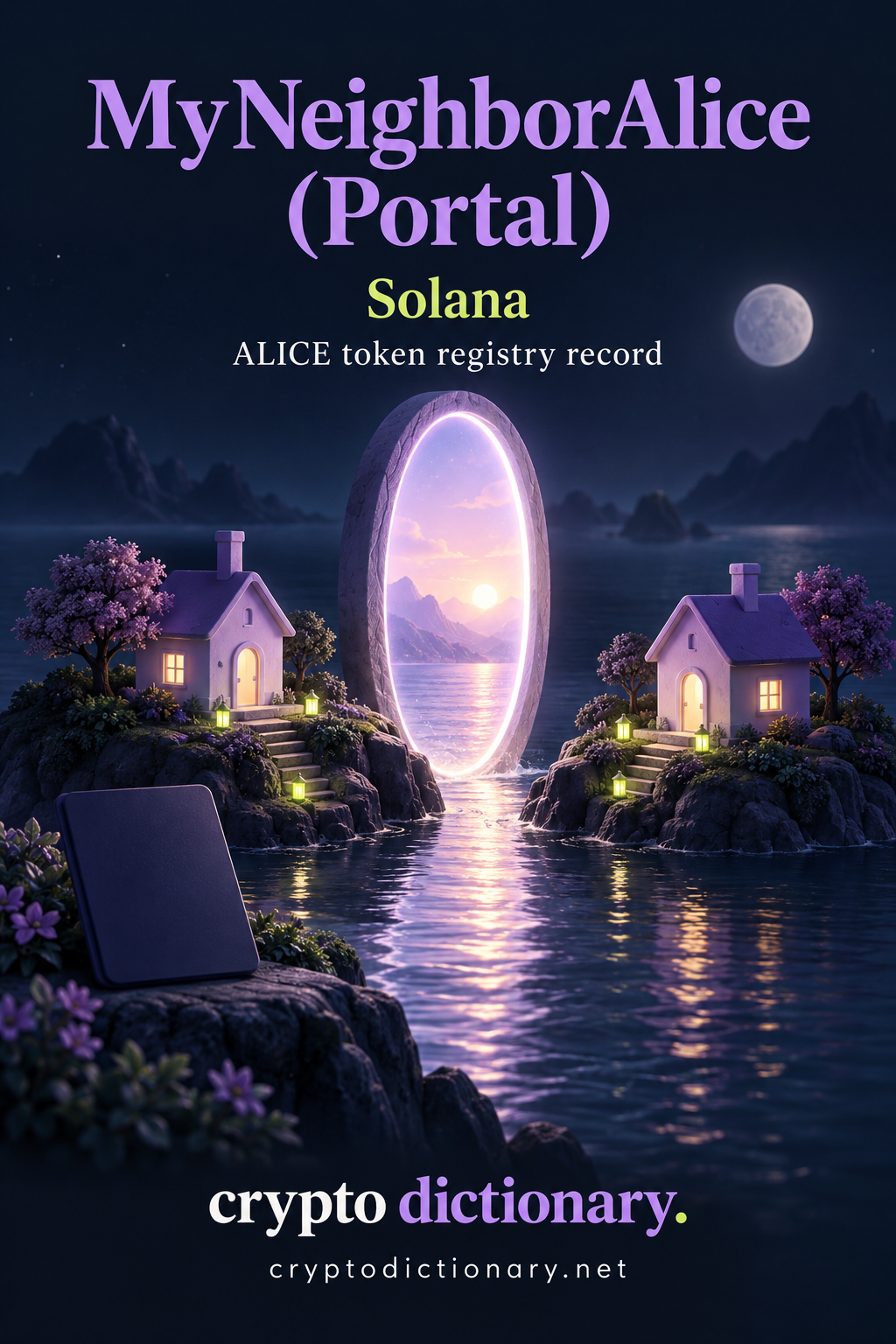 MyNeighborAlice (Portal) on Solana illustrated by neighboring lilac toy houses facing through an oval doorway beside a blank registry card.