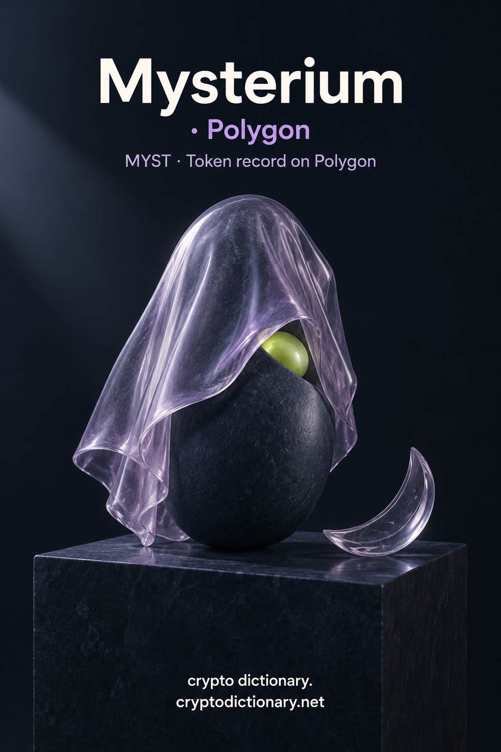Mysterium on Polygon registry illustration with a translucent veil over an ovoid stone.