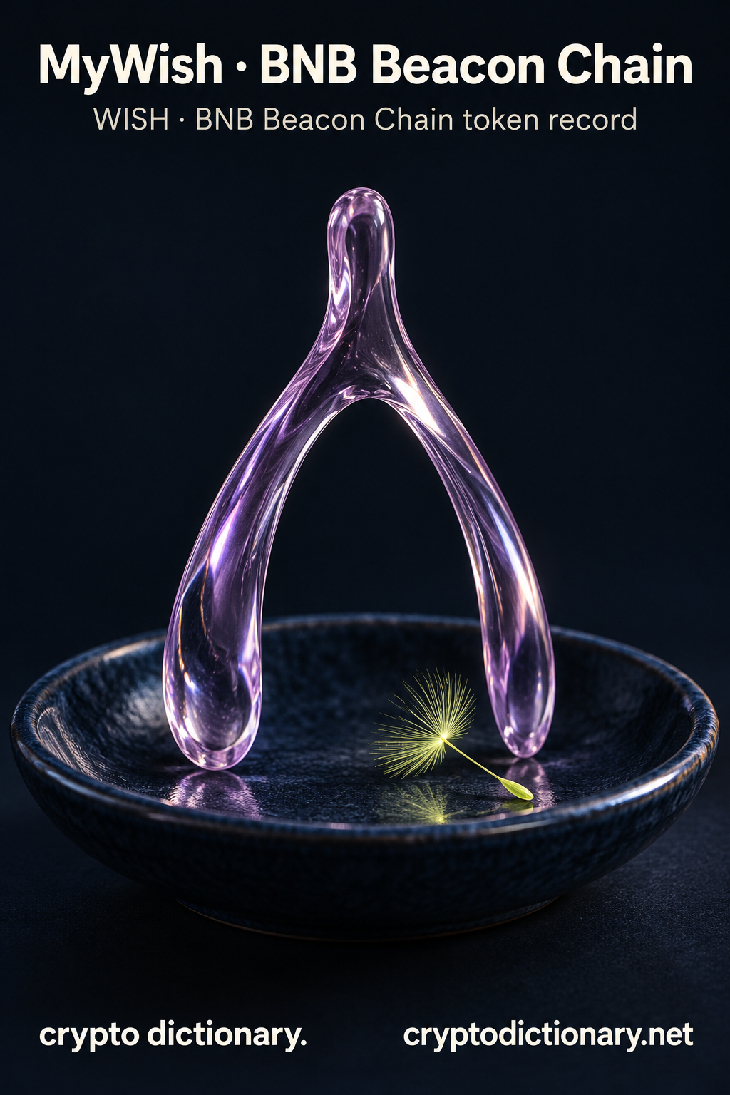 MyWish · BNB Beacon Chain — original lilac glass name-inspired sculpture with accurate token record caption.
