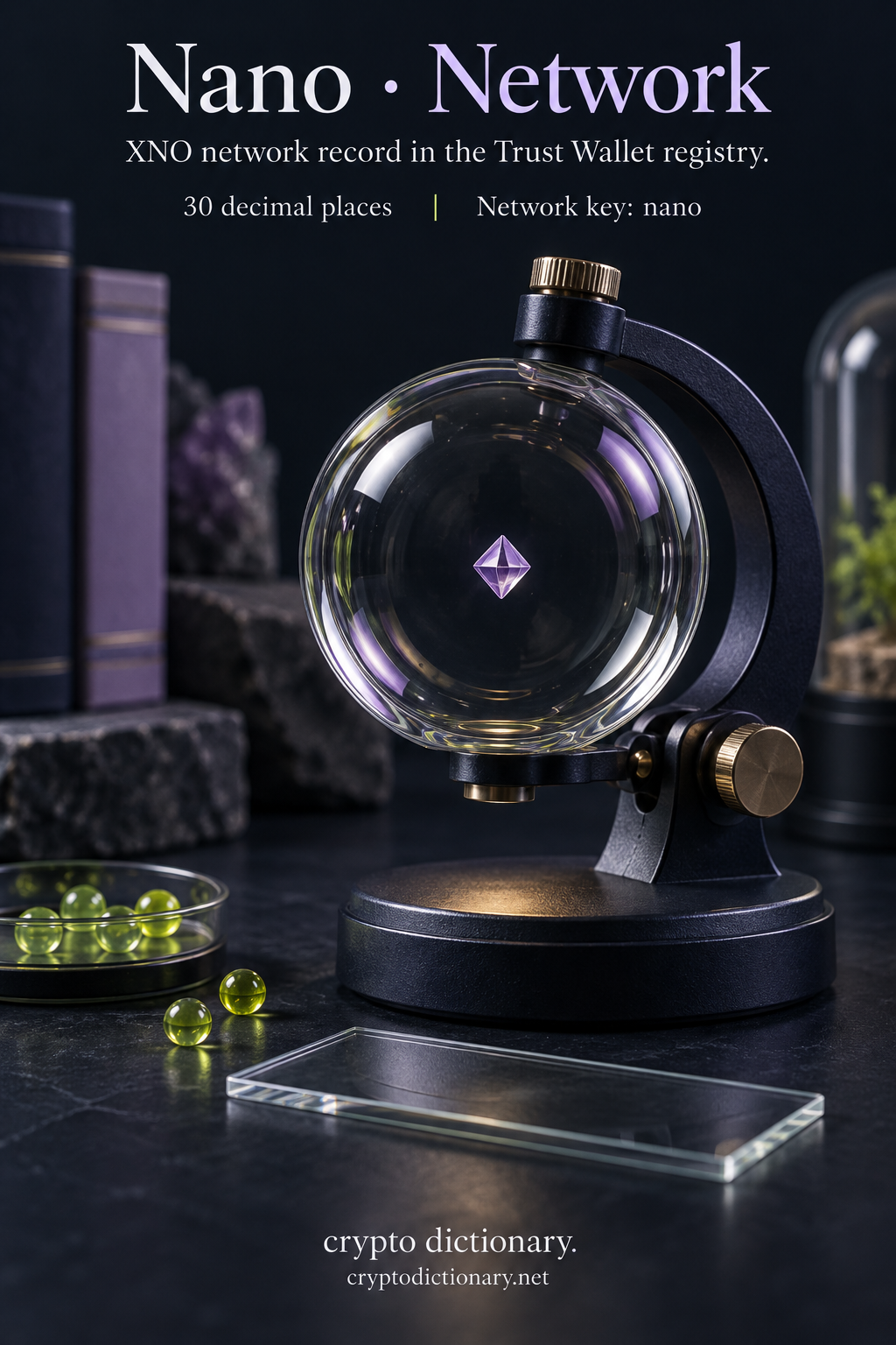 A tiny lilac crystal specimen suspended in a large archival lens illustrates the Nano network registry entry, XNO symbol, nano key and30 decimal places.