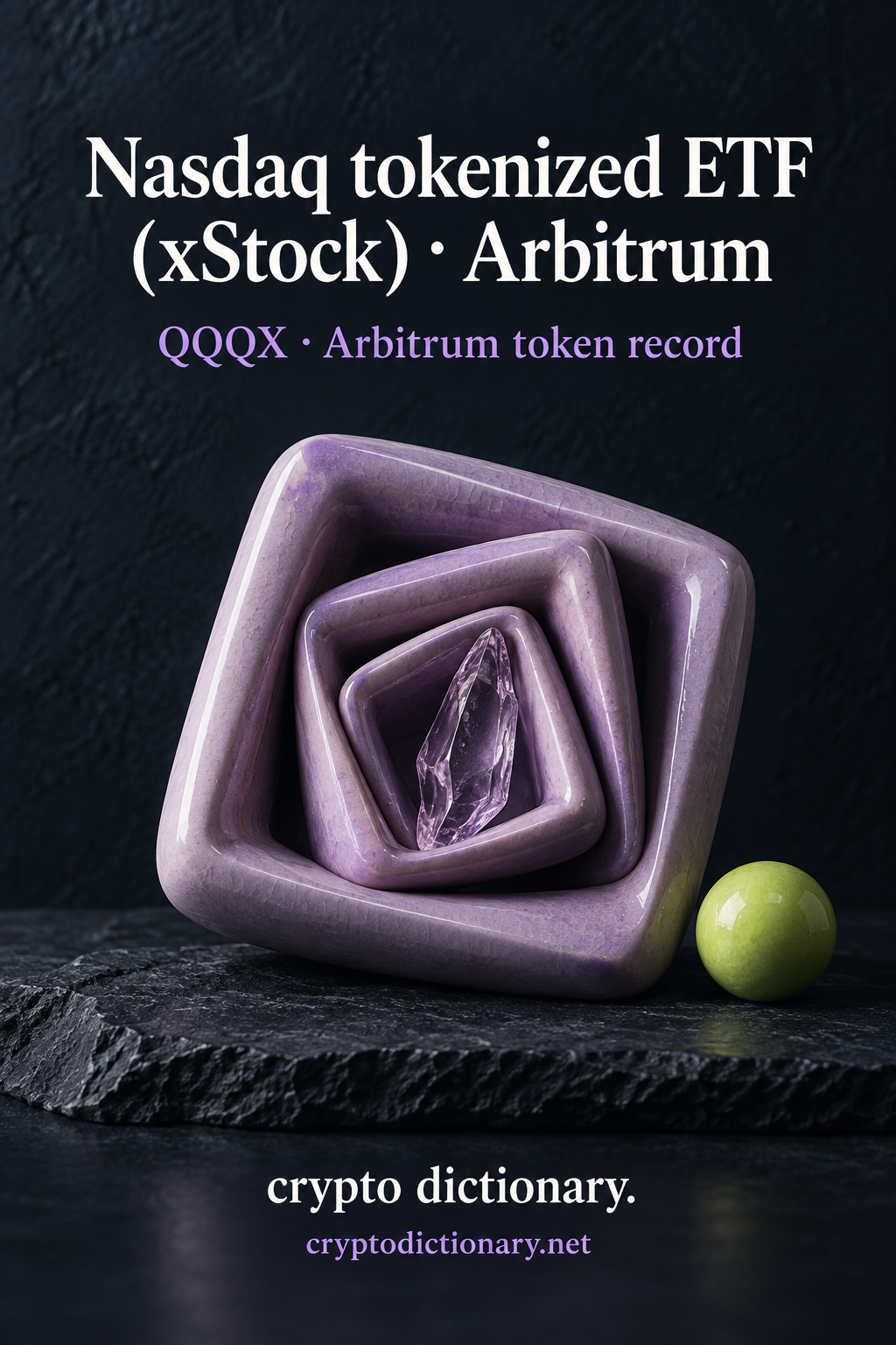 Three nested lilac ceramic square frames and glass sliver beneath Nasdaq tokenized ETF (xStock) · Arbitrum.