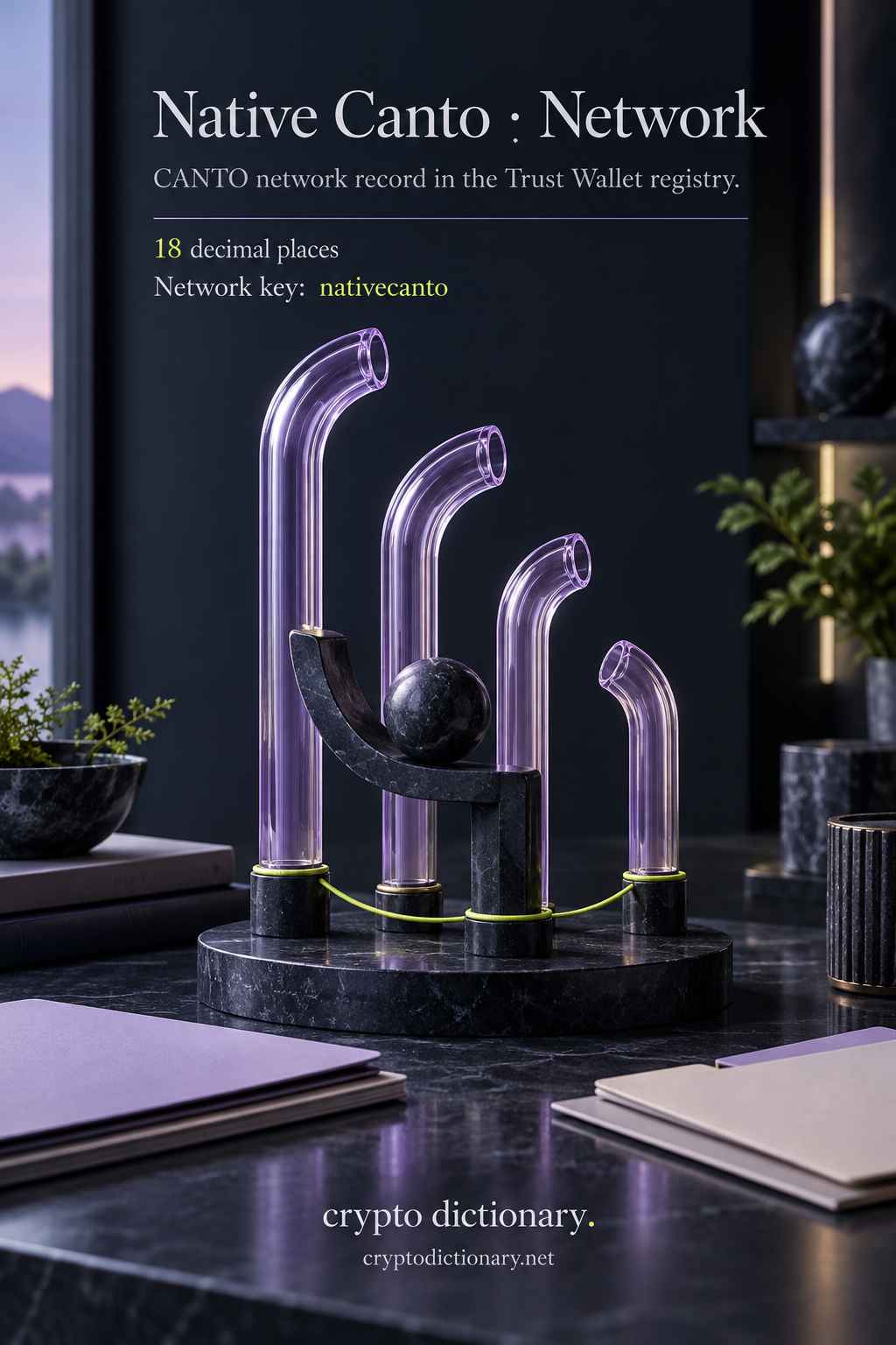 Four arched lilac glass resonator tubes on an archive stand illustrate the Native Canto network record, CANTO symbol, nativecanto key and18 decimal places.